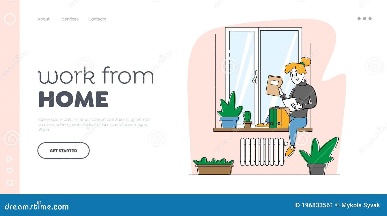 homeworking place, working activity landing page template. woman sitting on windowsill work with papers docs at home
