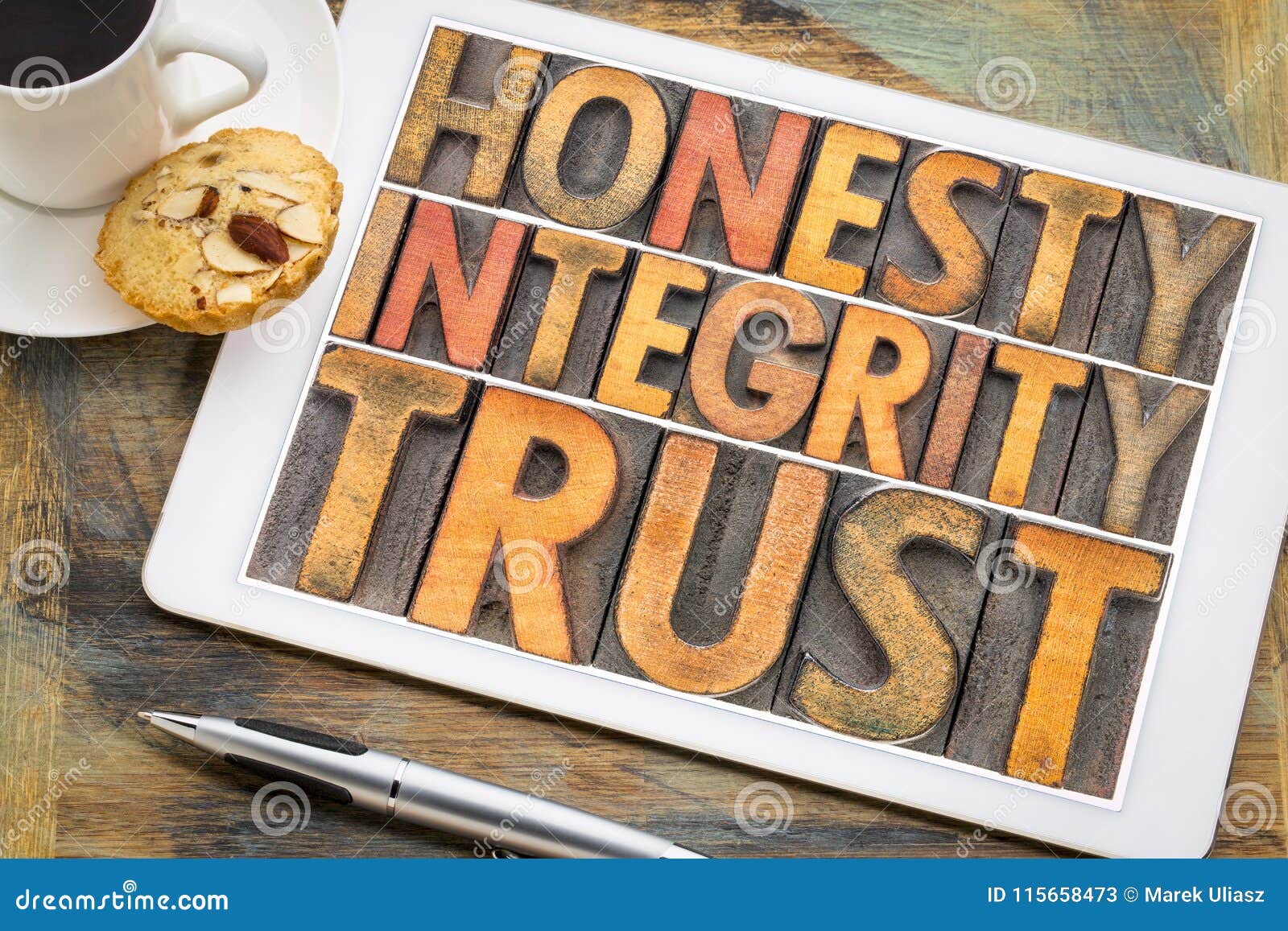Honesty Integrity Trust Word Abstract In Wood Type Stock Image
