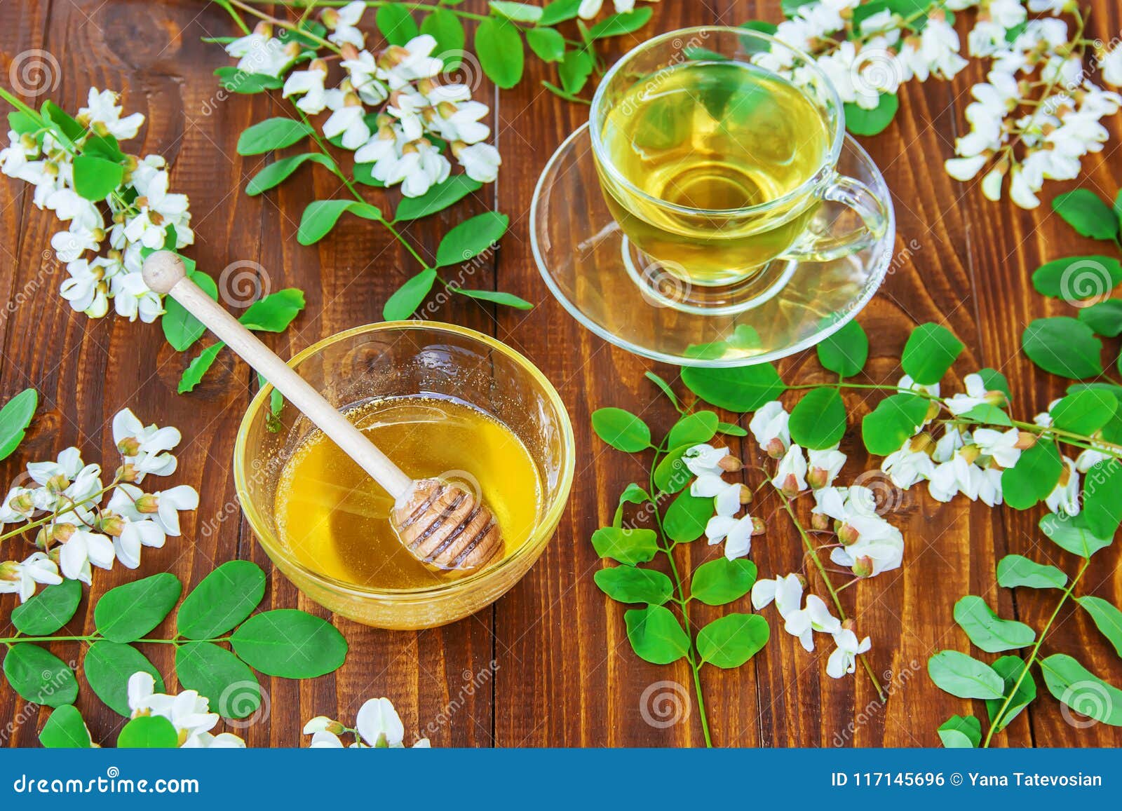 Honey with acacia and tea. stock photo. Image of health 117145696