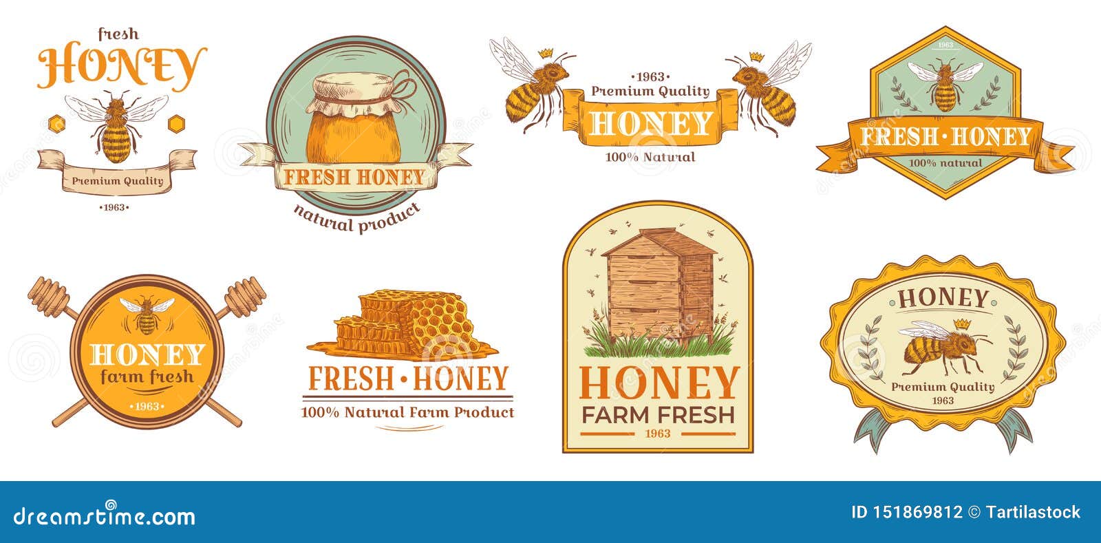 honey badge. natural bee farm product label, organic beekeeping pollen and bees hive emblem badges  