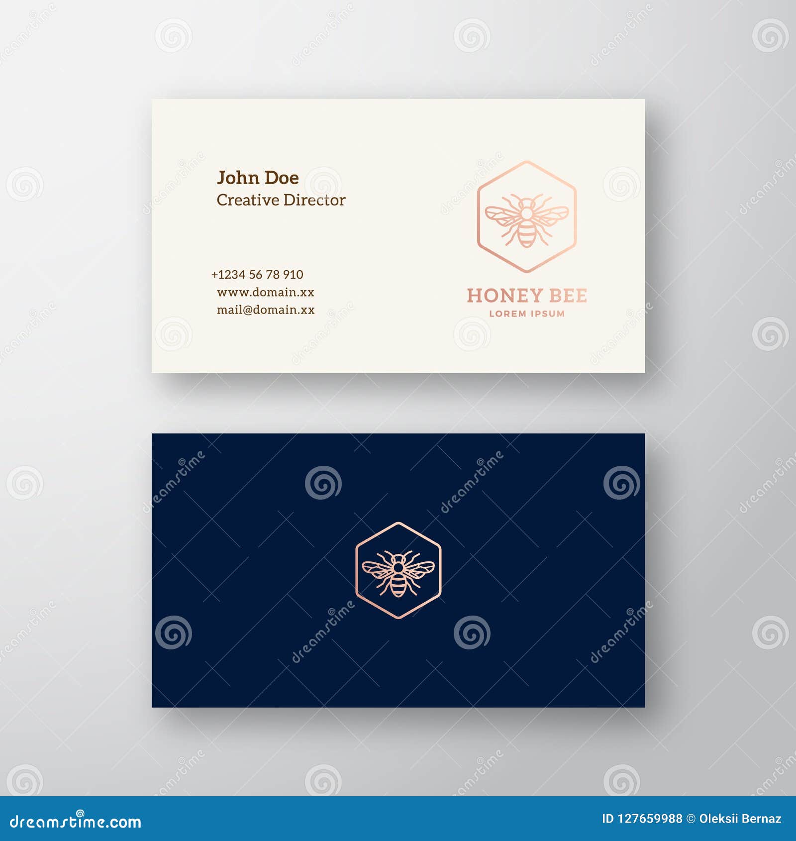 Honey Bee Abstract Elegant Vector Logo and Business Card Template. Line Style Bee Icon. Premium Stationary Realistic Mock Up. Modern Typography and Soft