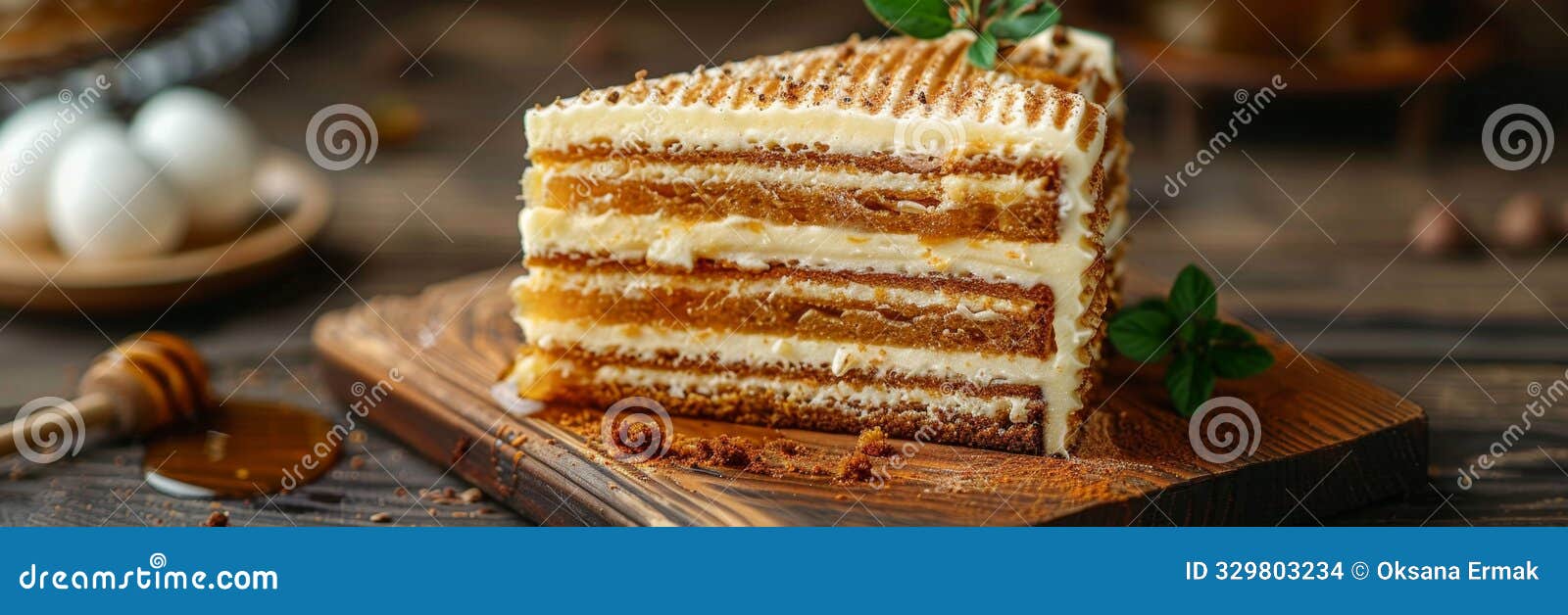 honey cake slice, biscuit layered medovik dessert, homemade dessert with cream, sweet caramel pie
