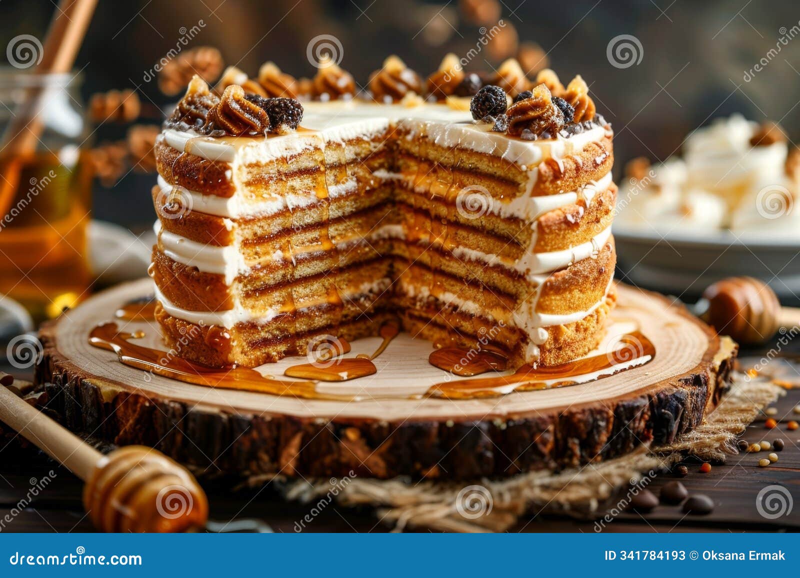 honey cake slice, biscuit layered medovik dessert, homemade dessert with cream, sweet caramel pie