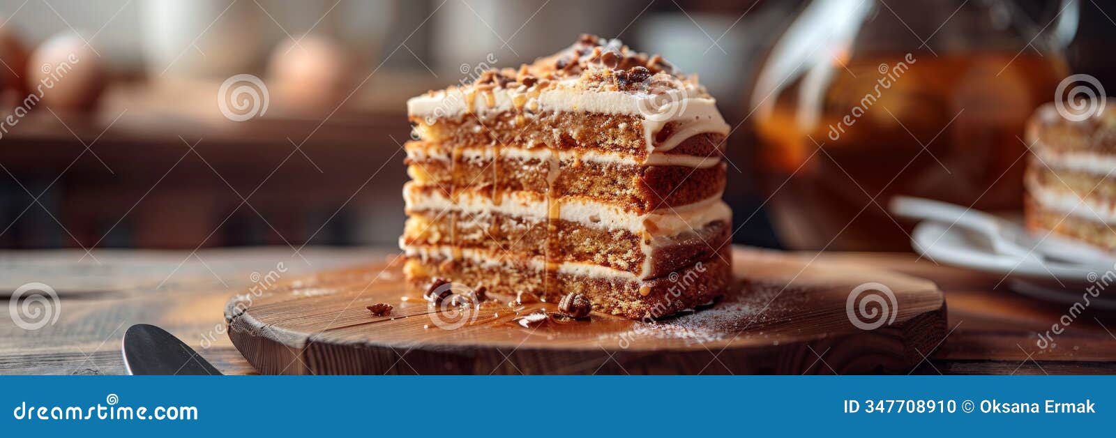 honey cake slice, biscuit layered medovik dessert, homemade dessert with cream, sweet caramel pie