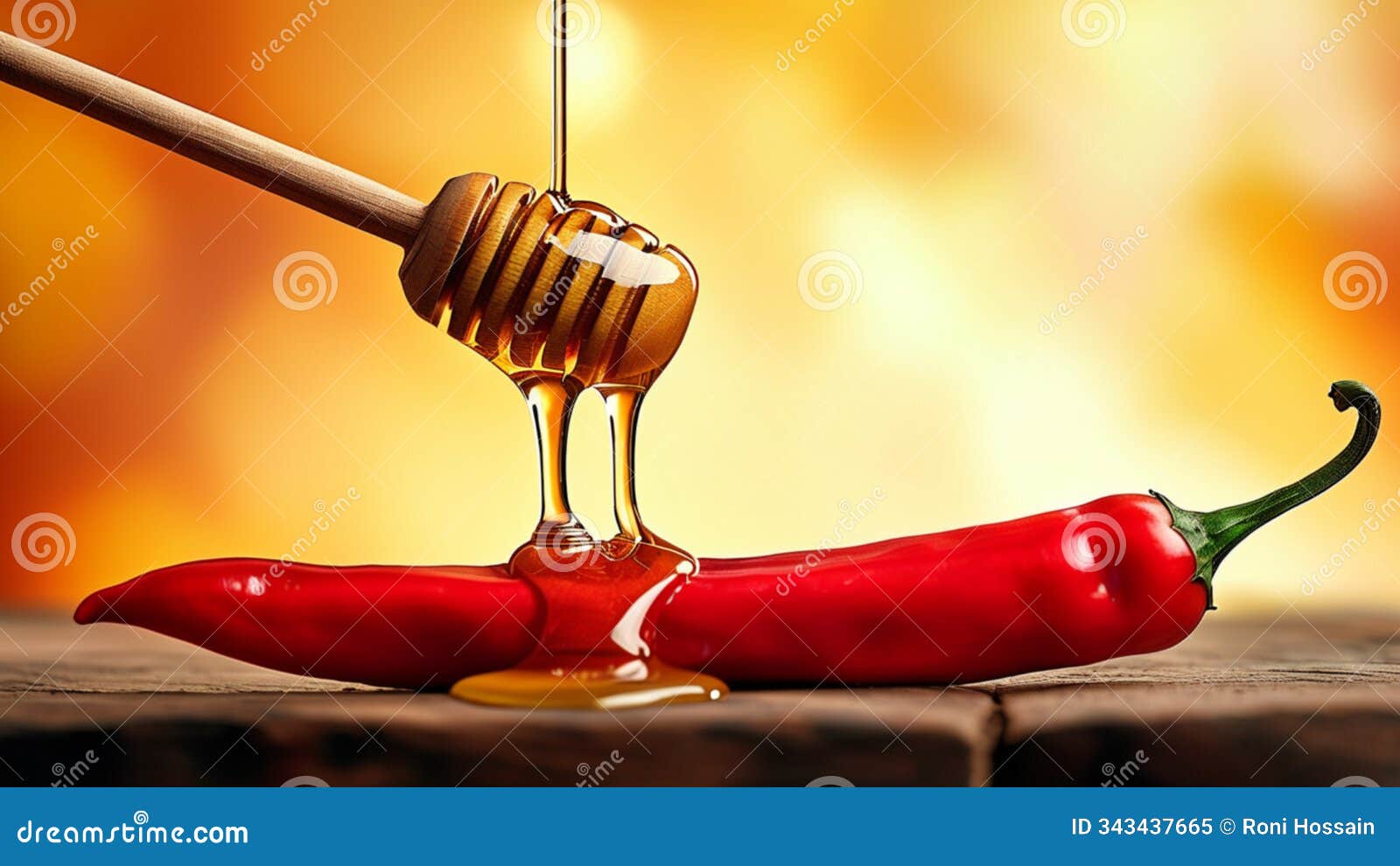 honey drips from honey dipper over red chili peppers, creating vibrant and flavorful contrast.