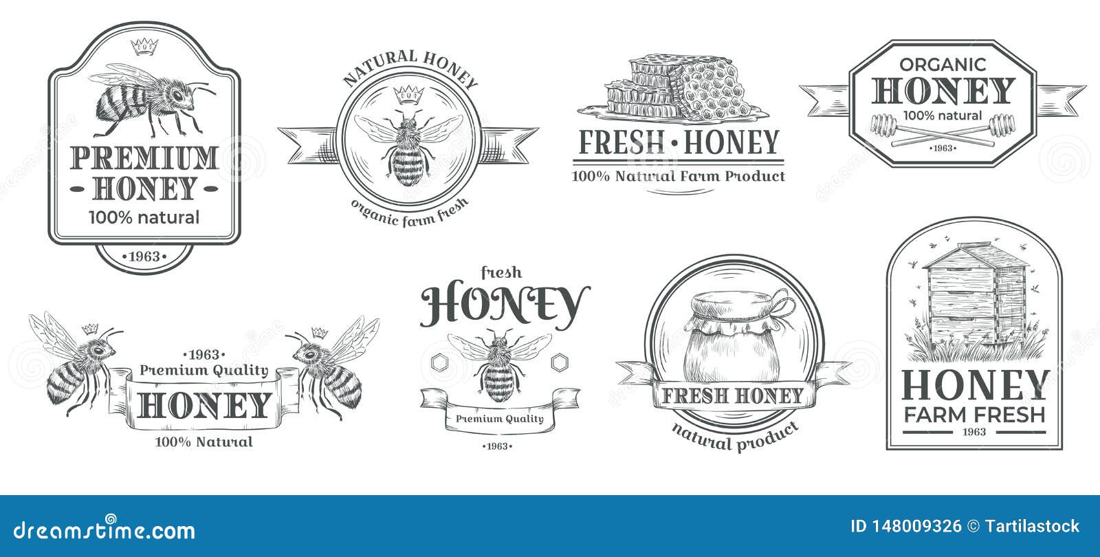 honey farm badge. beekeeping logo, retro bee badges and vintage hand drawn mead label   set