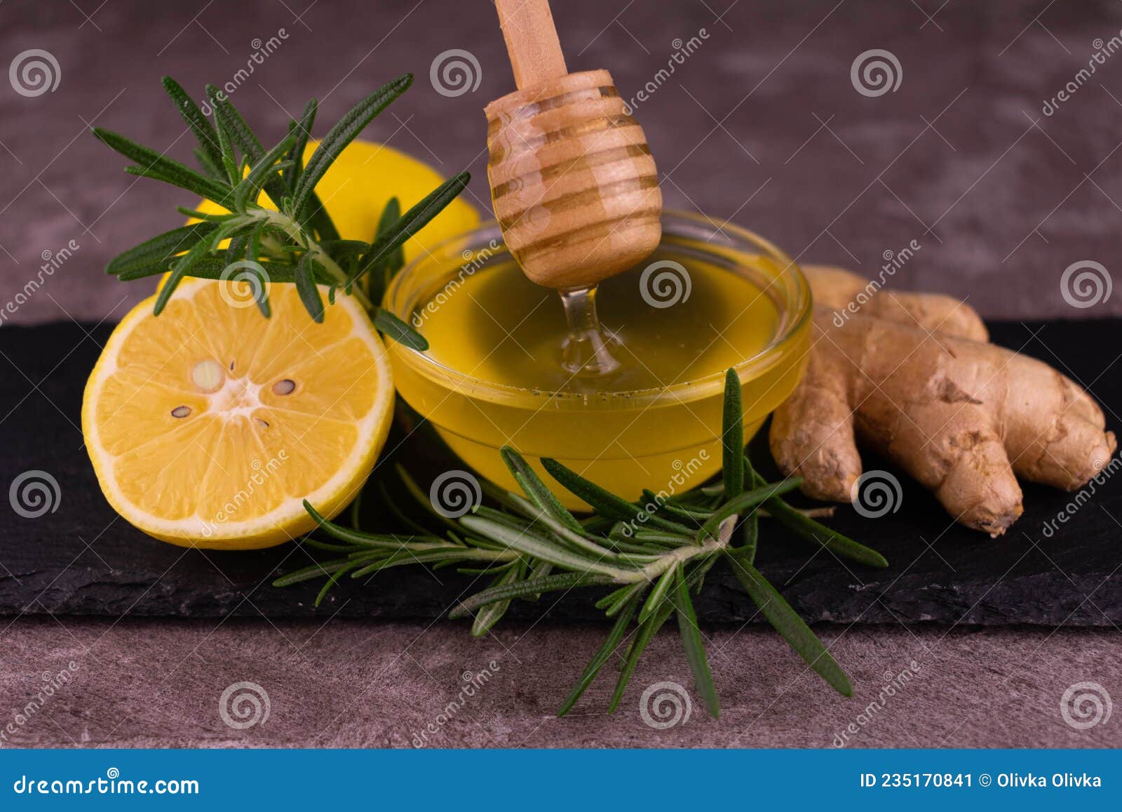 Honey, Ginger, Lemon and Rosemary. Ingredient for Ginger Tea. Stock