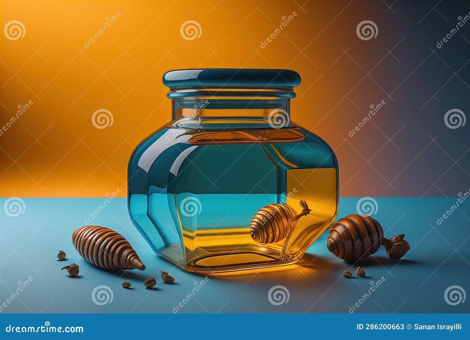 Honey in a Glass Jar on a Blue Background. Generative Ai Stock Illustration Illustration of