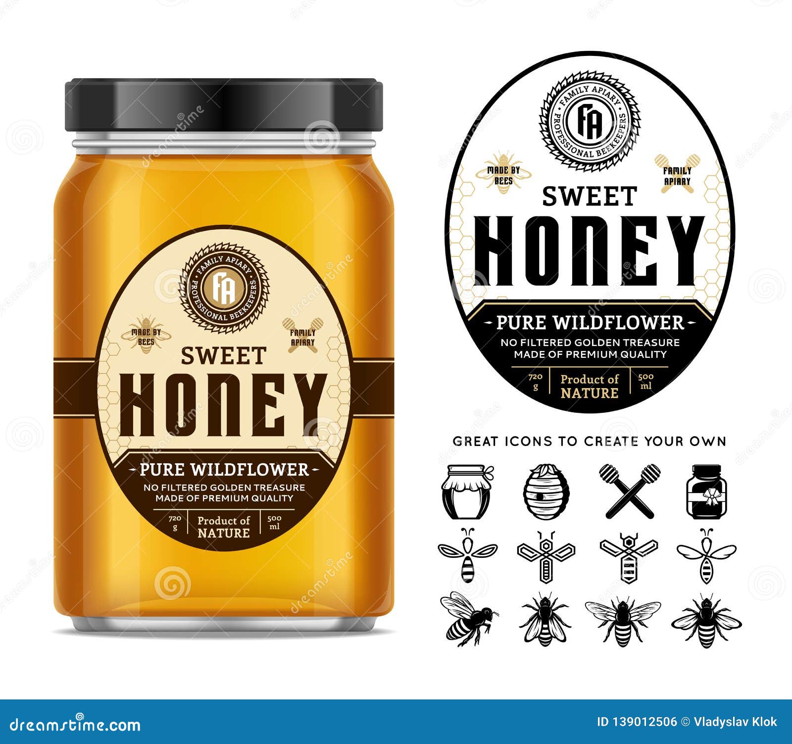 Download Honey Glass Jar Mockup With Label And Icons Stock Vector ...