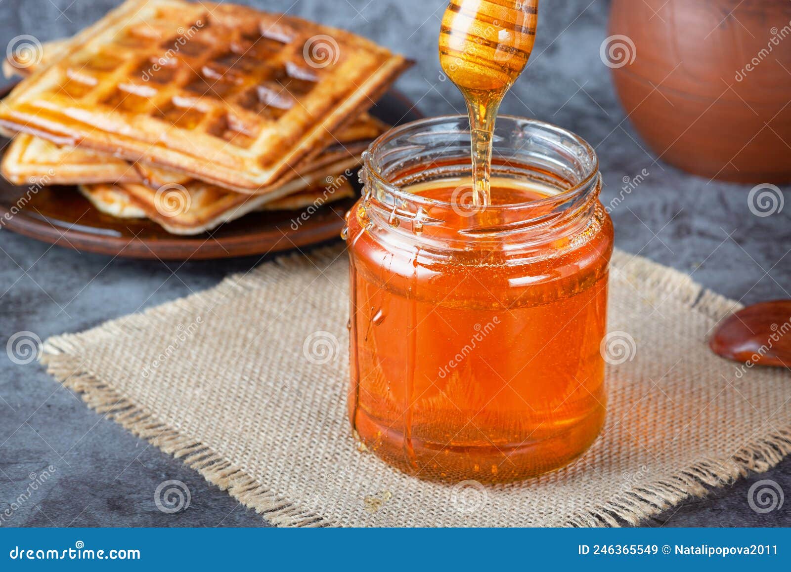 Honey in Jar with Honey Dipper and Belgian Waffles Stock Image Image