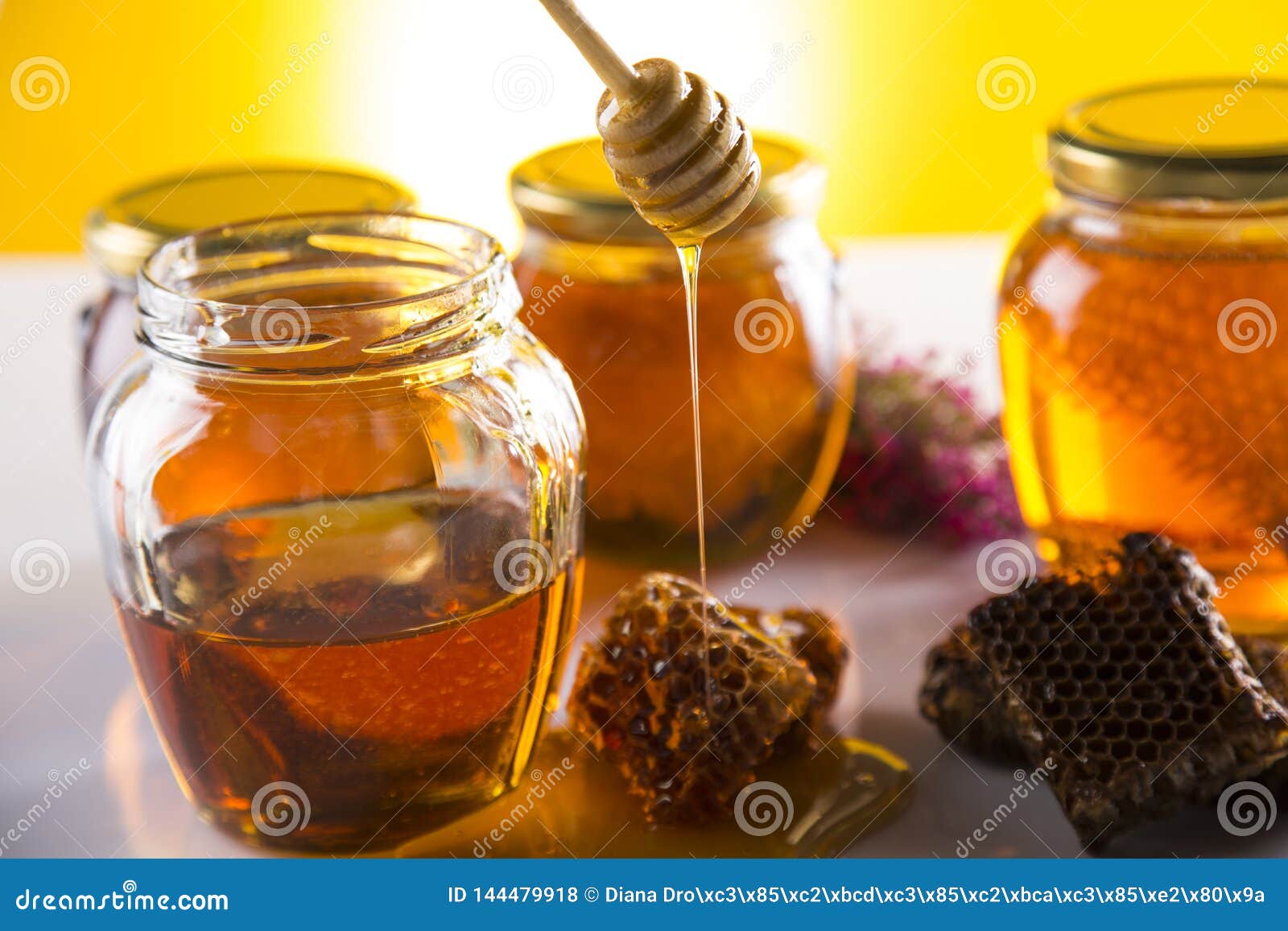 Honey In Jar With Honey Dipper On Wooden Background Stock Photo Image