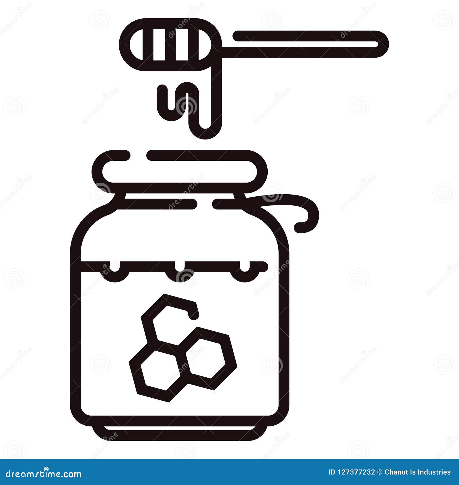 Honey jar with wooden dipper vector illustration in line stroke design.