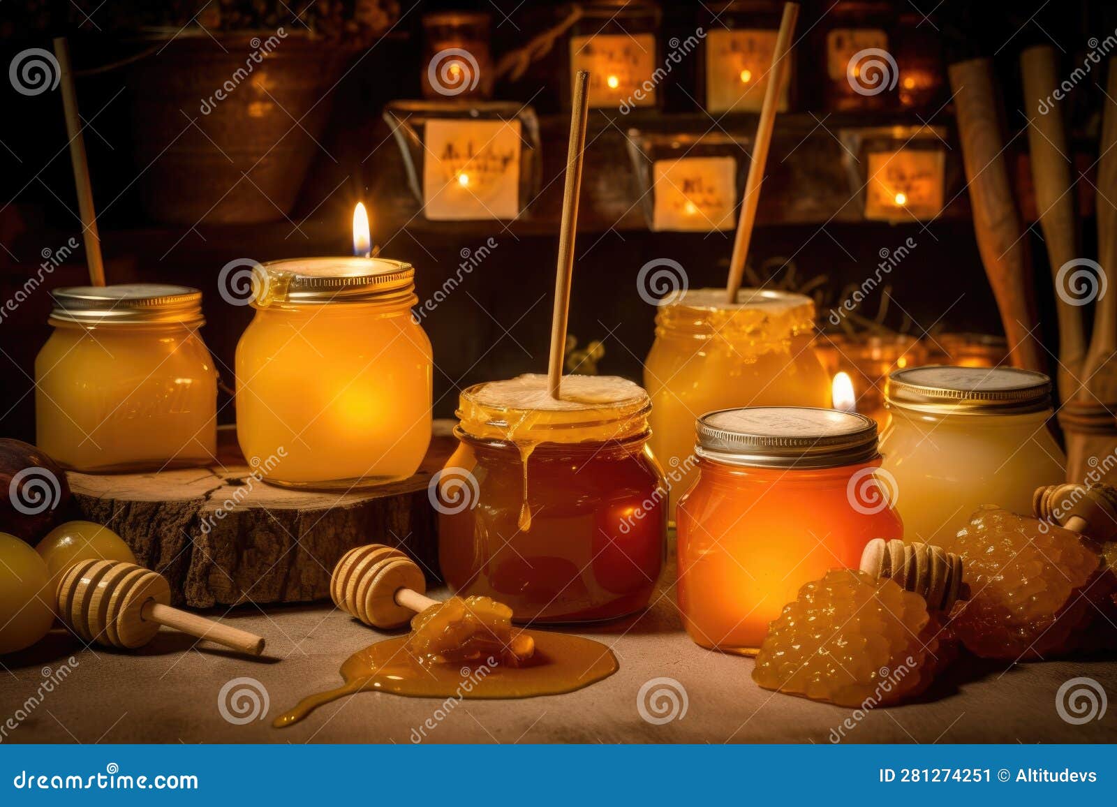 Honey Jars with Labels Next To Beeswax Candles Stock Illustration