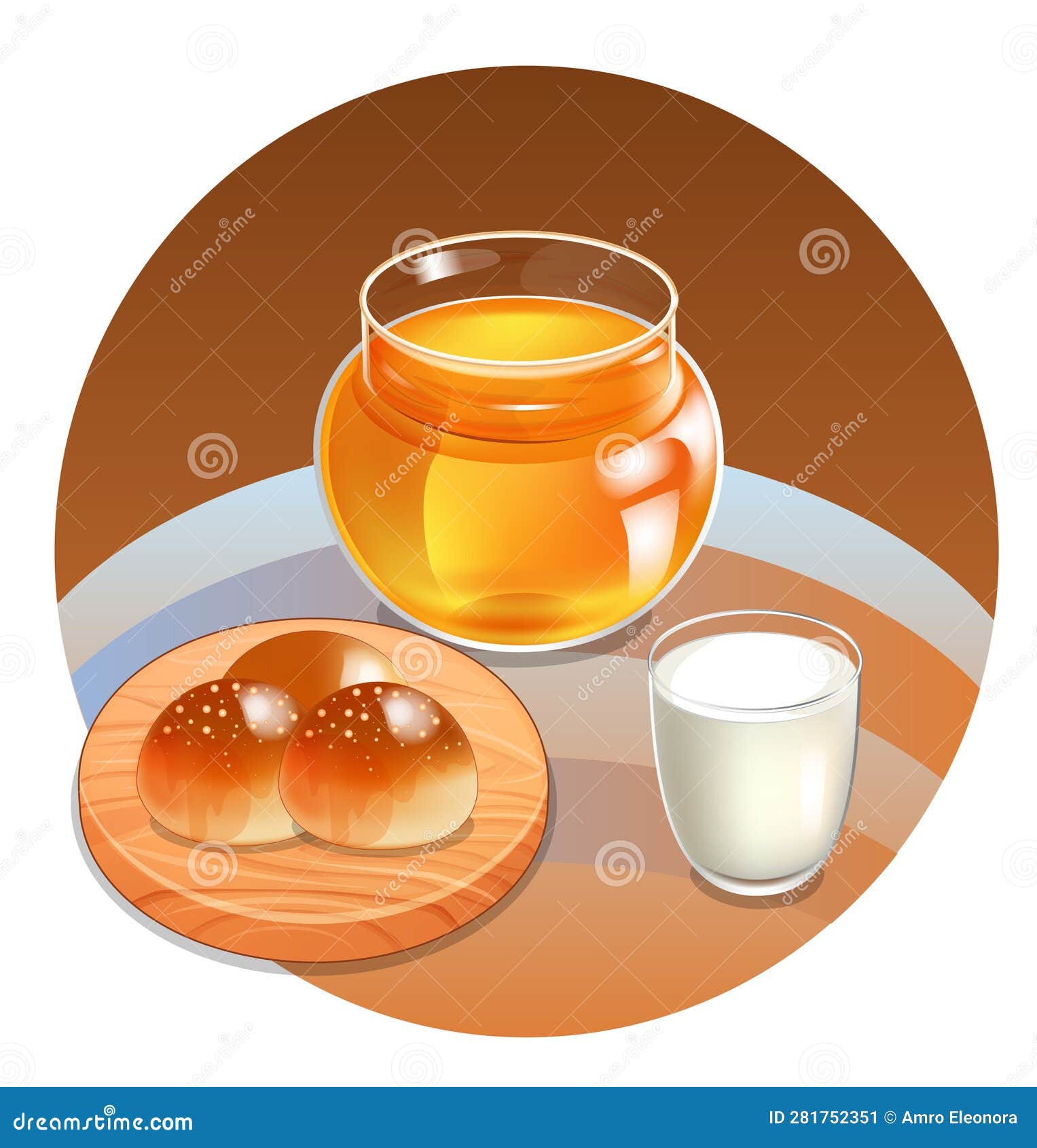 Honey and Milk with Delicious Buns in Vector, Breakfast, Lunch, Dinner ...