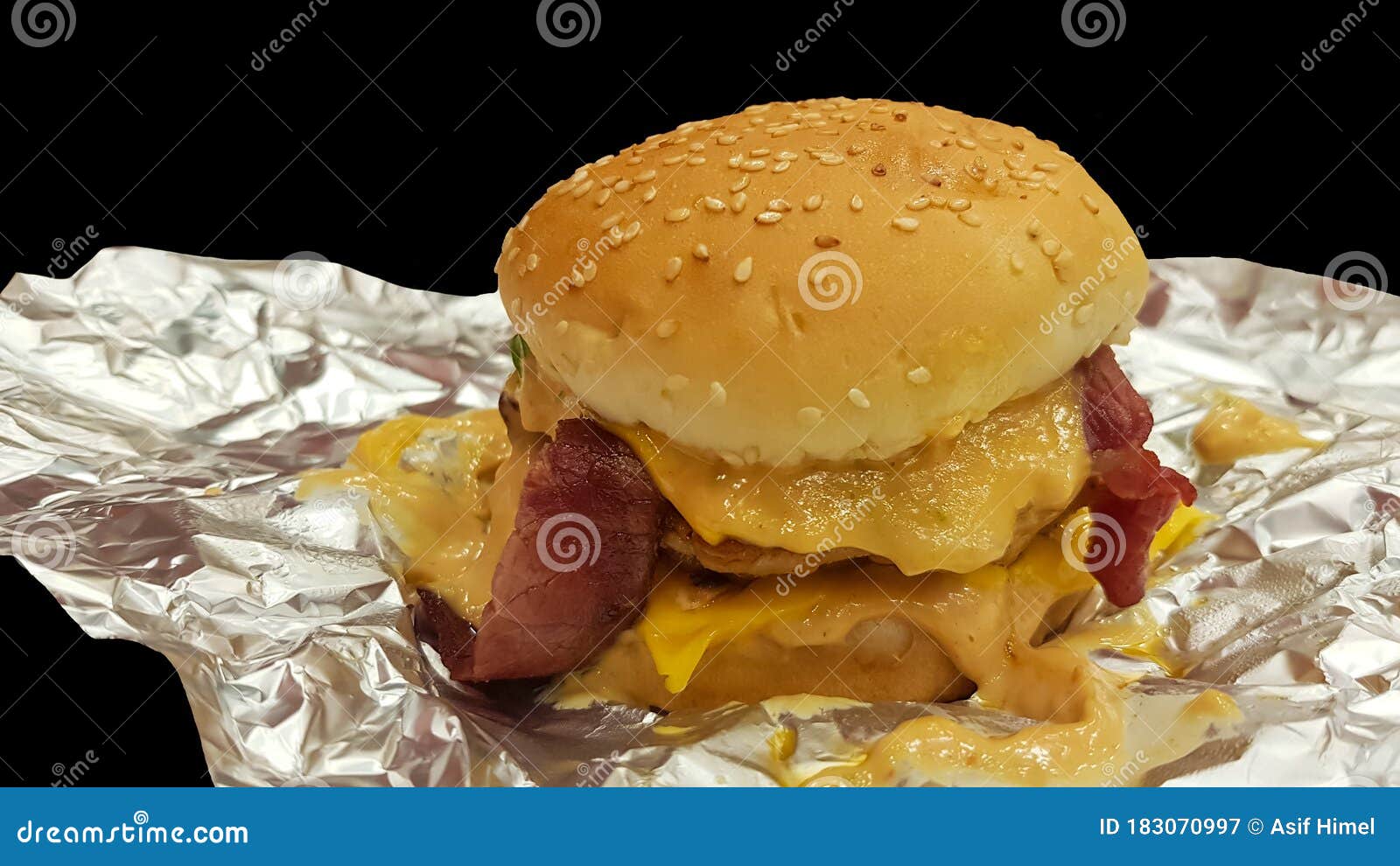 Honey Mustard Chicken Cheese Burger with Bacon with Black Background