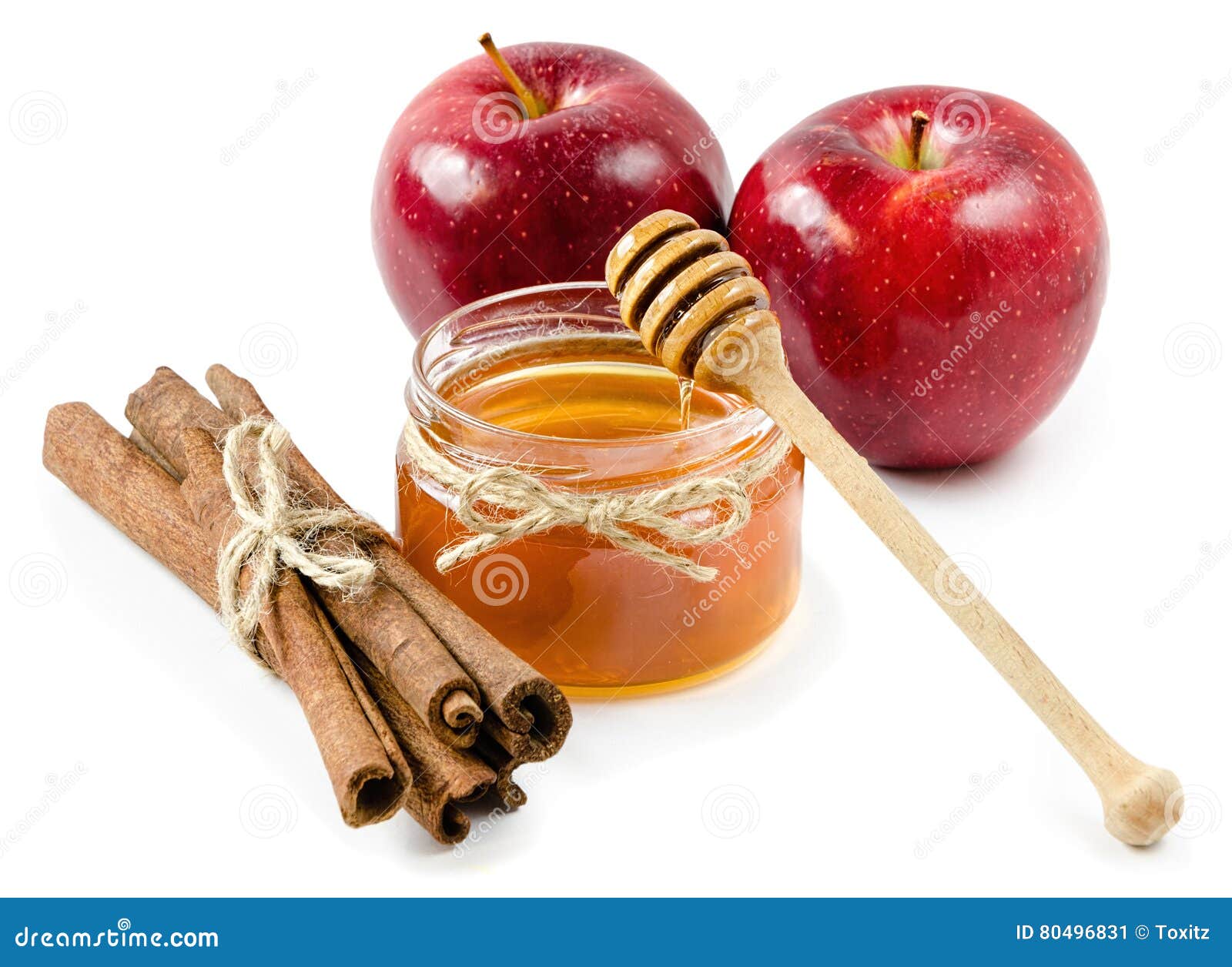 Honey Pot Cinnamon and Red Apple on an Isolated White Background Stock