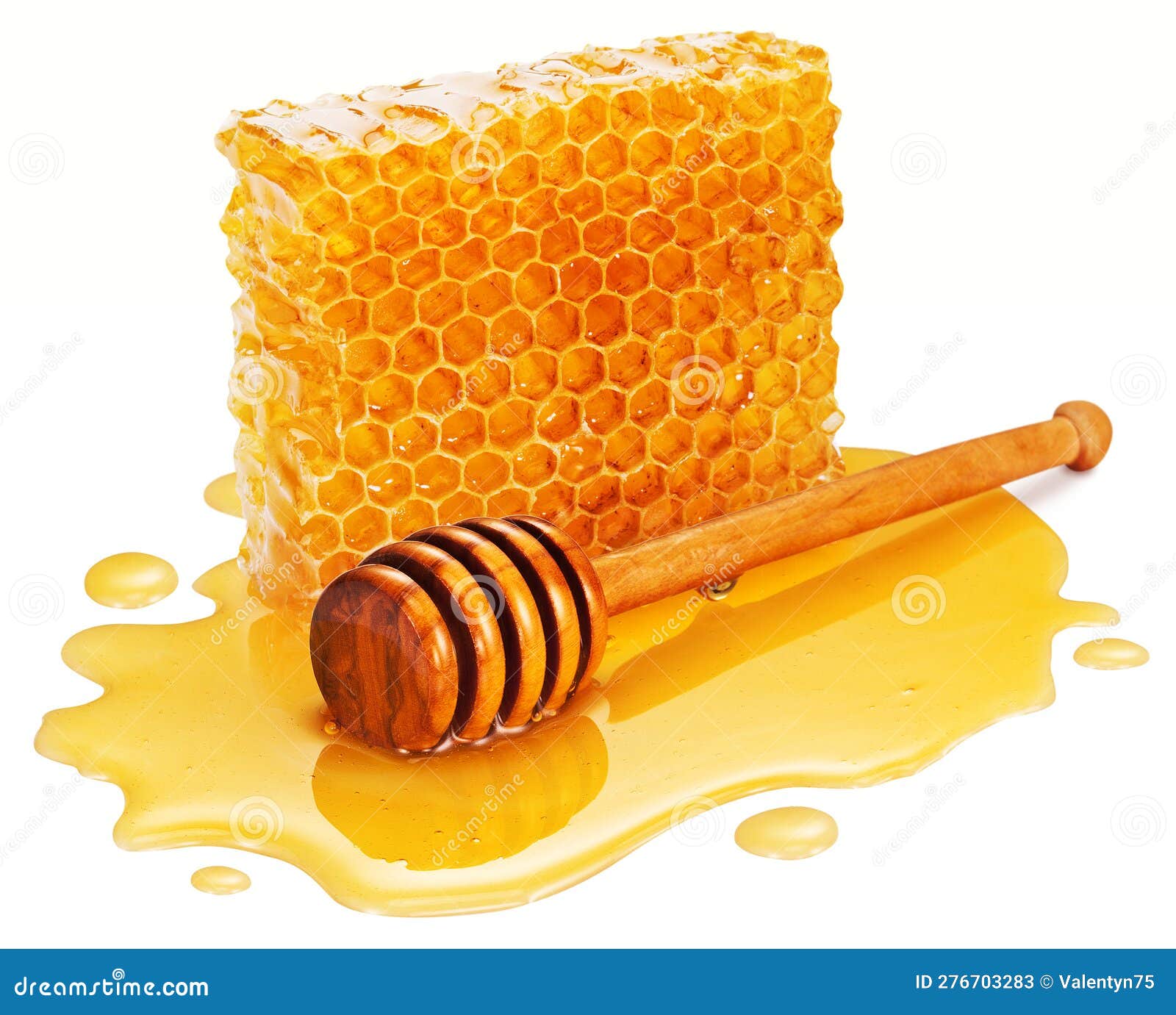 honey wooden dipper (stick) in plash of honey with honey comb on a white background.