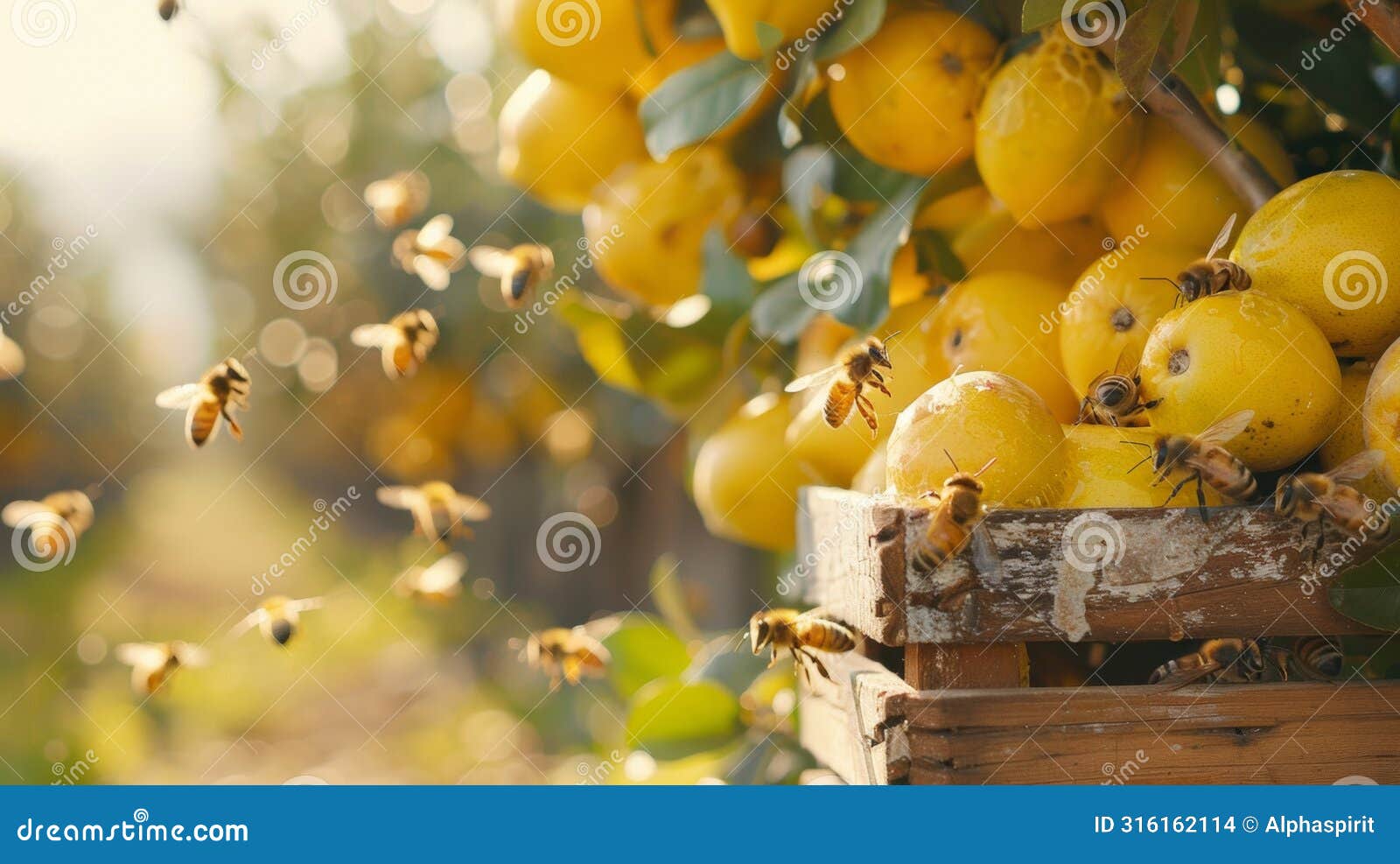honeybees gather on ripe fruits in an orchard, showcasing pollination and agriculture