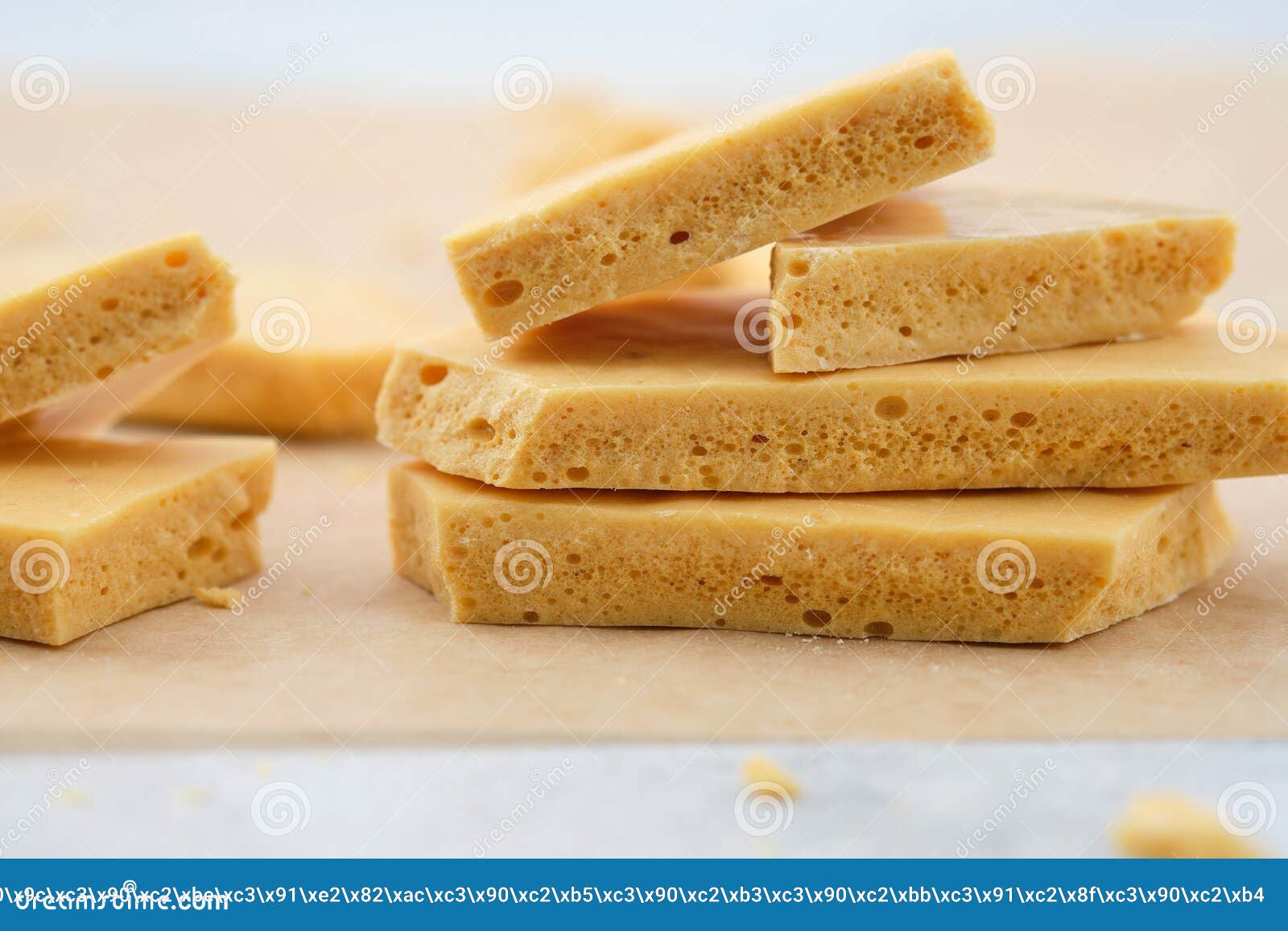 dessert caramel honeycomb toffee on a white background.