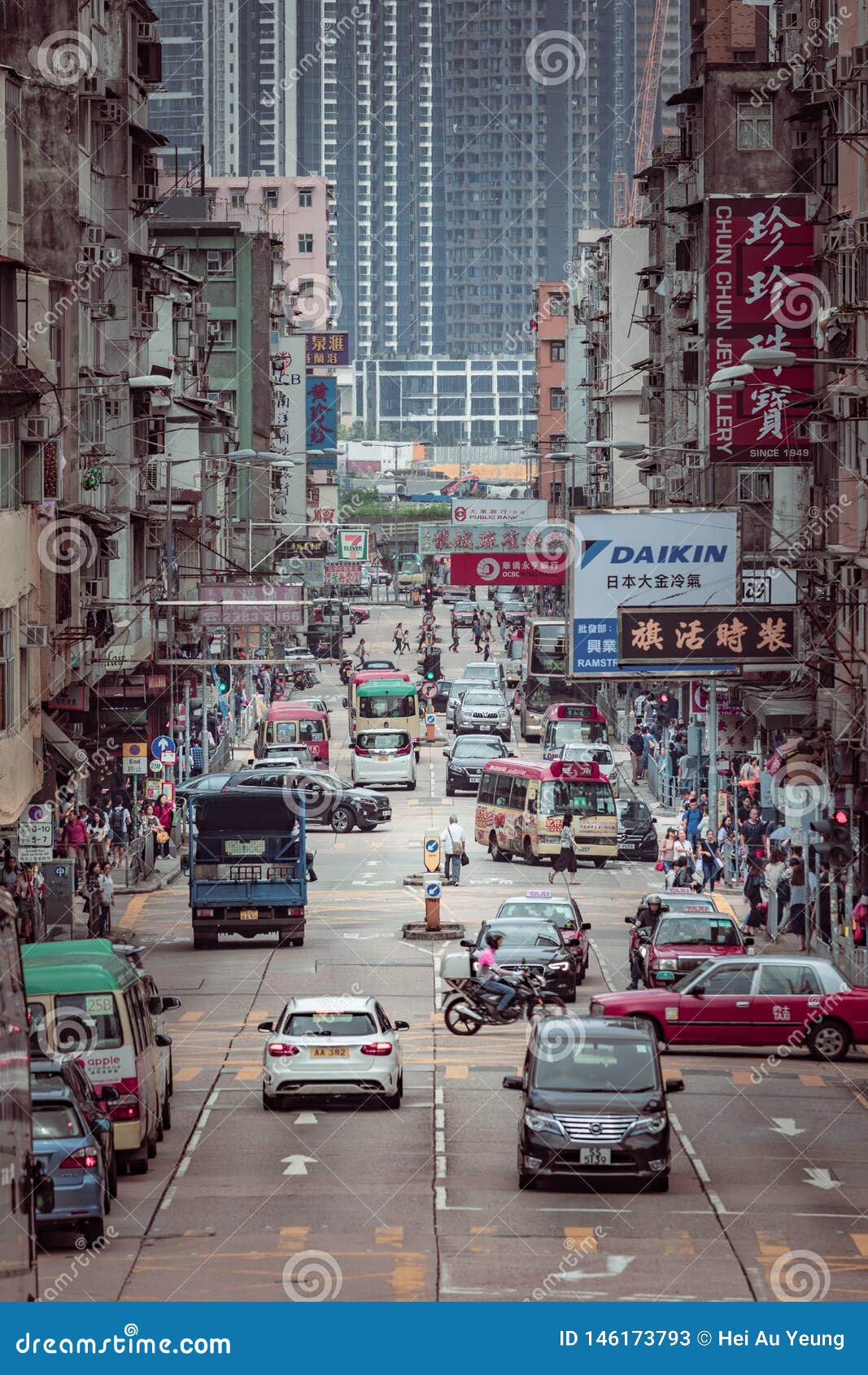 Hong Kong - 28 Apr 2019: Old Urban Area, Busy Street in the Middle of