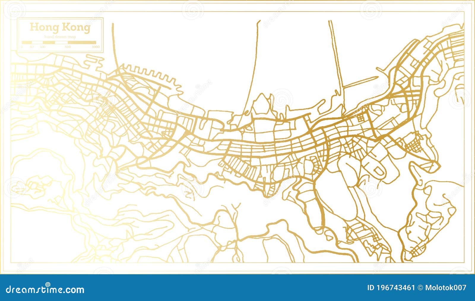 Hong Kong China City Map in Retro Style in Golden Color. Outline Map