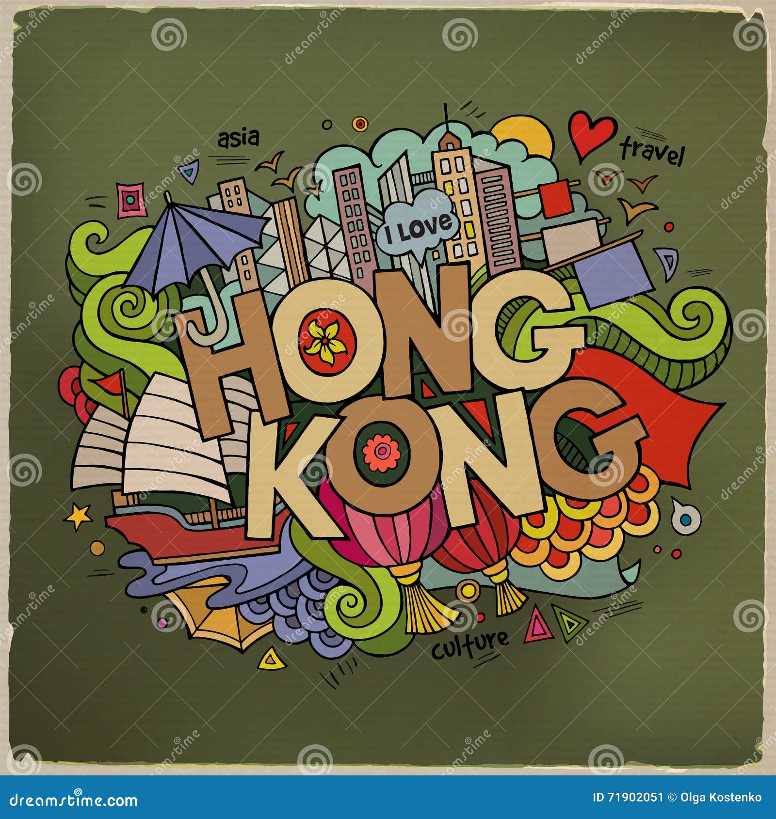 Hong Kong Hand Lettering and Doodles Elements Background Stock Vector