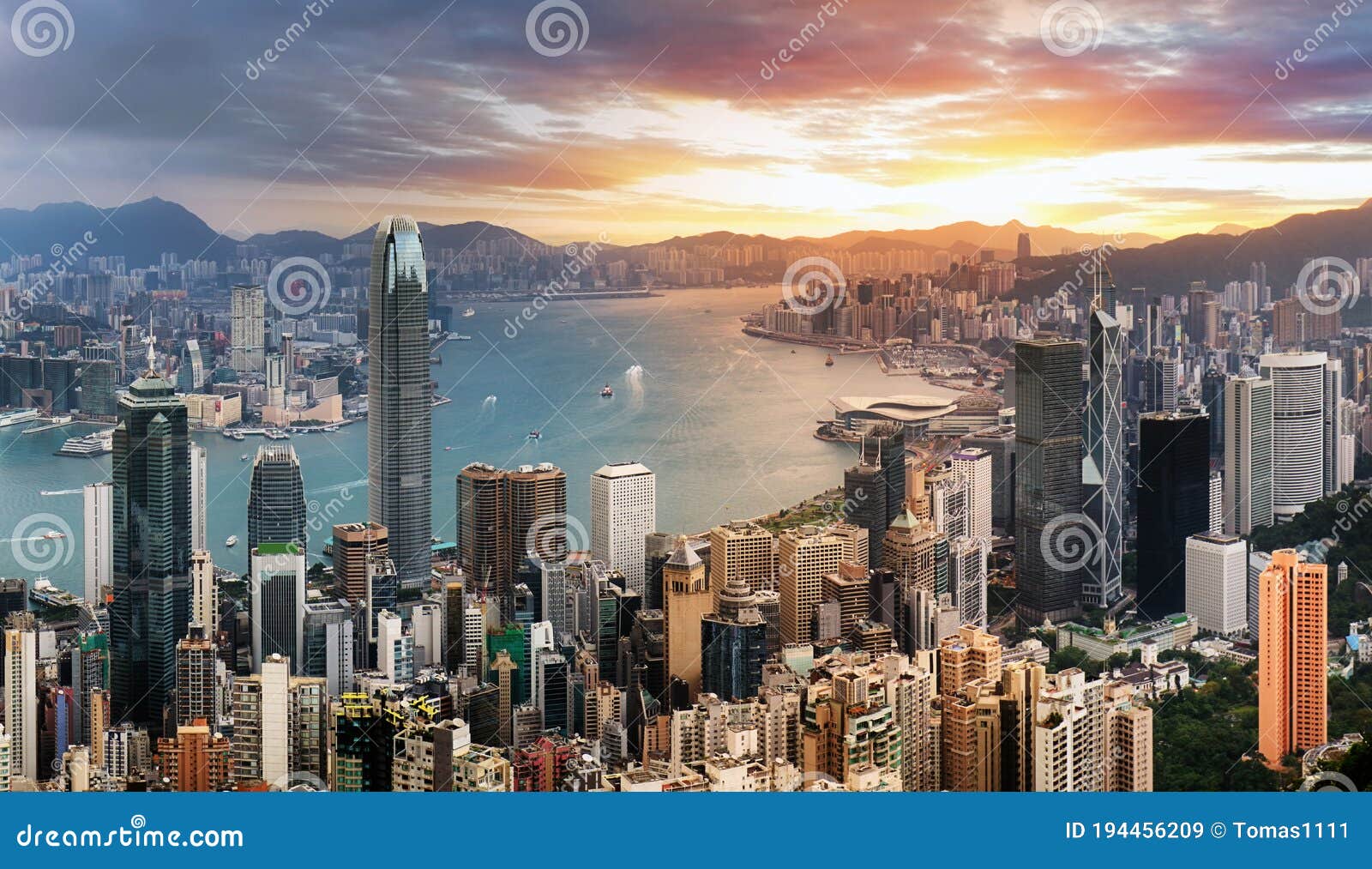 Hong Kong Panorama - Dramatic Sunrise from Victoria Peak Editorial