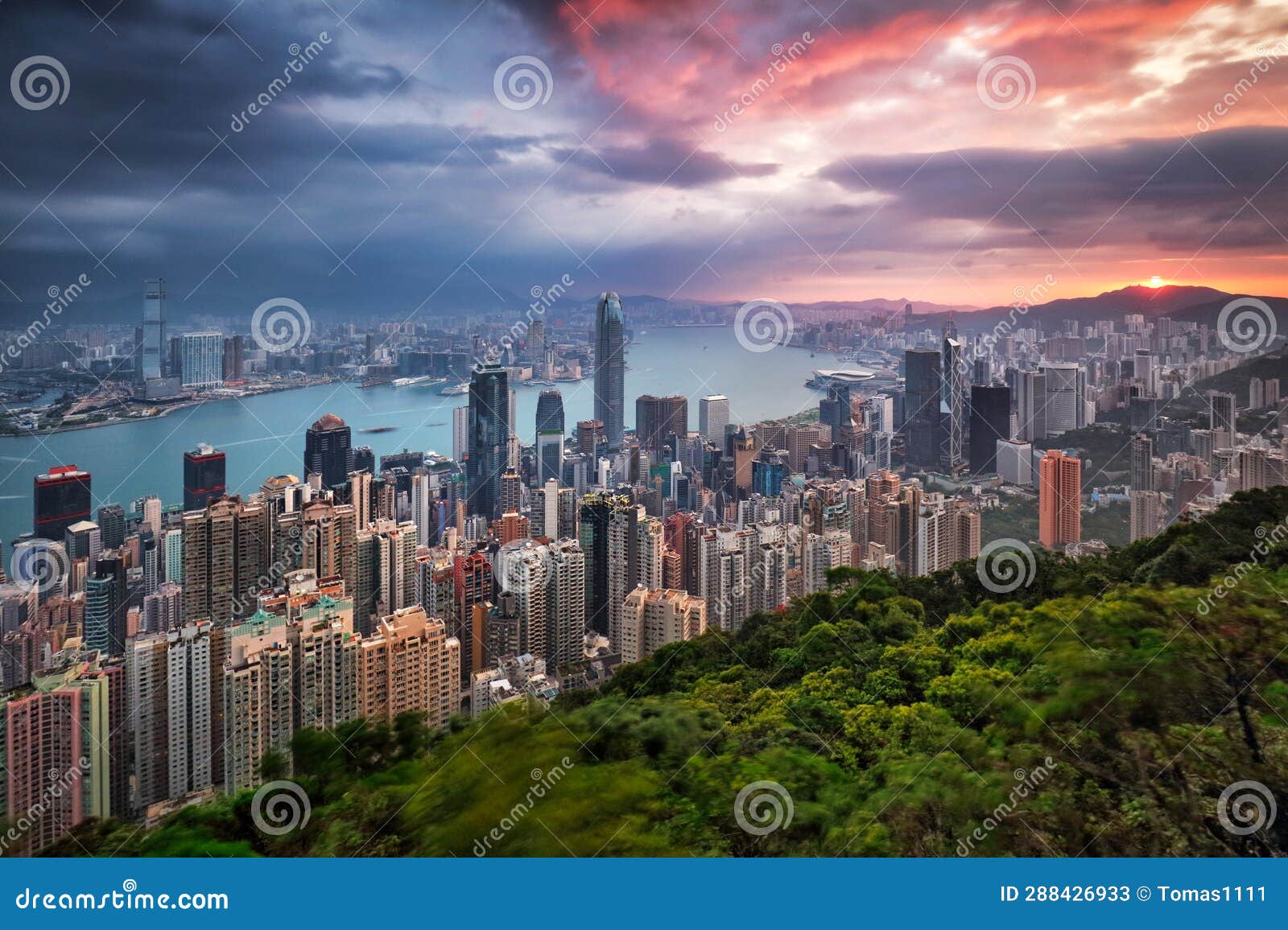 Hong Kong Panorama - Dramatic Sunrise from Victoria Peak Stock Image