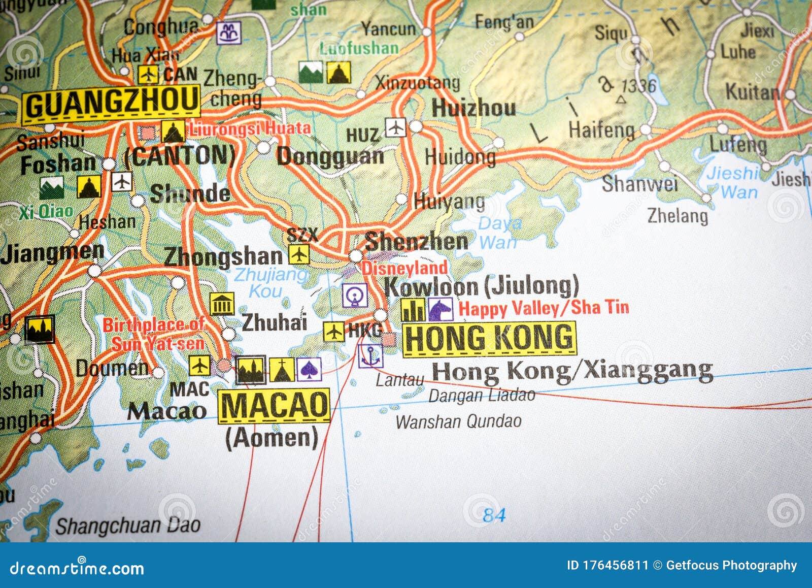 Hong Kong on a road map stock image. Image of culture - 176456811