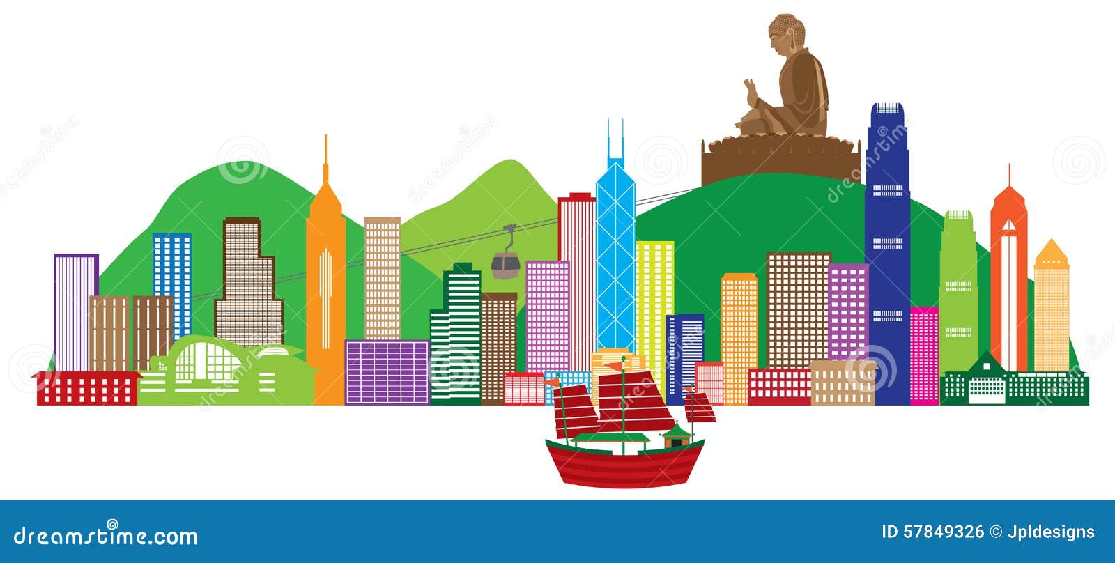Hong Kong Skyline and Buddha Statue Color Vector Illustration Stock