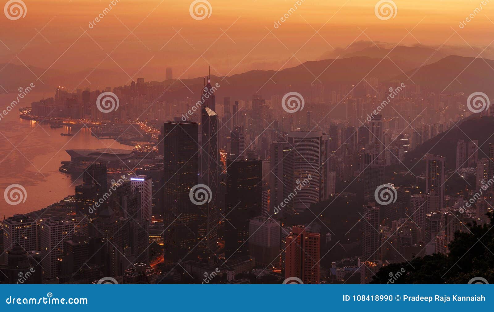 Hong Kong Skyscrapers View from Victoria Peak at Sunrise Editorial