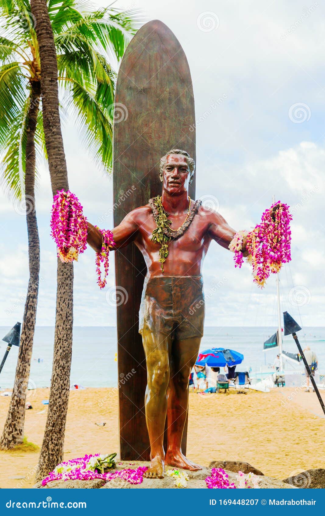 Duke Kahanamoku Statue At Waikiki Beach In Honolulu, Oahu, Hawaii 