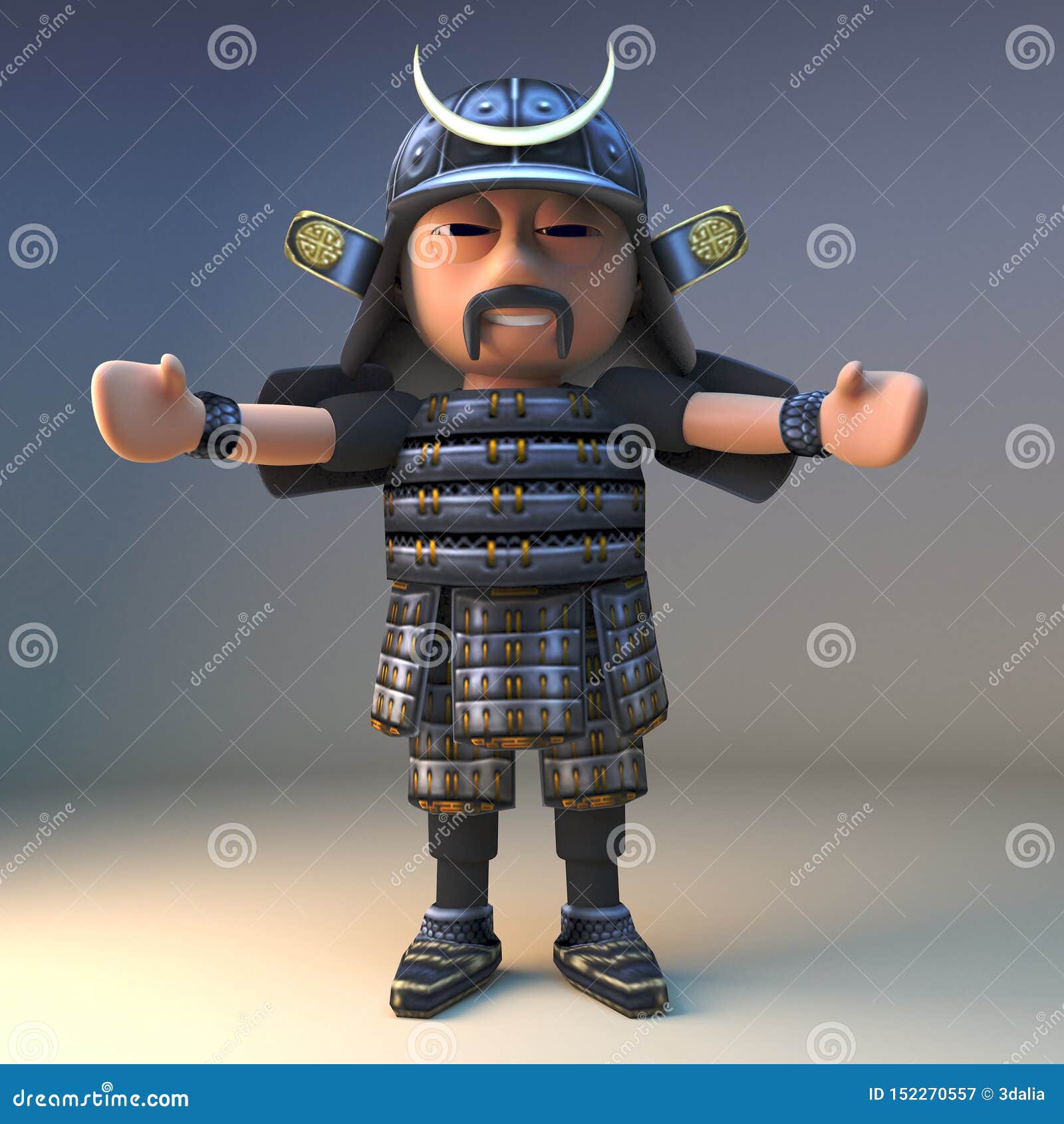 honourable japanese samurai warrior greets you with arms outstretched, 3d 