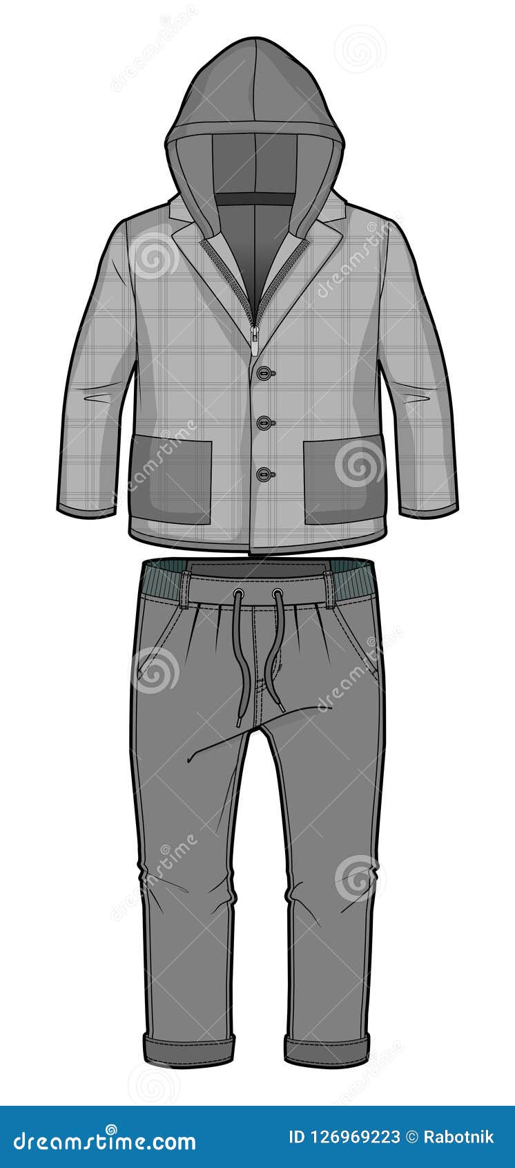 hooded checkered grey jacket with zip closure and pockets and joggers with elasticized ribbing