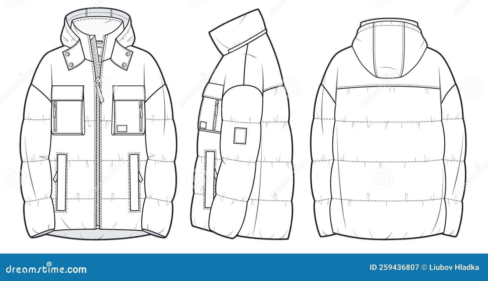 Hooded Down Jacket, Padded Coat Technical Fashion Illustration. Stock ...
