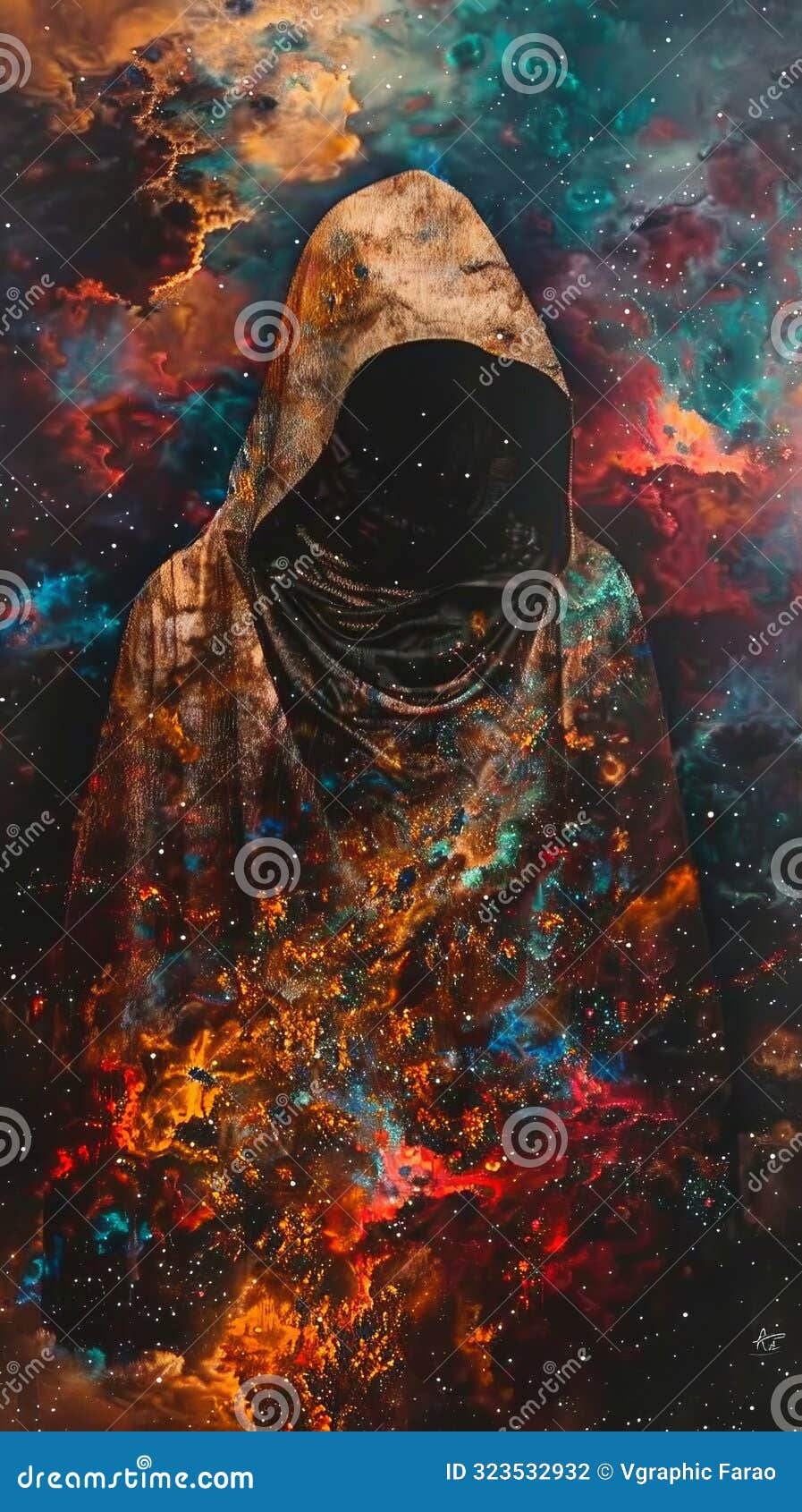 hooded figure in cosmic nebula, abstract sci-fi art concept