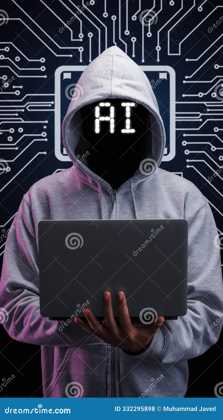 hooded figure holding laptop, digital circuits, ai letters, tech centric mysterious theme emphasized