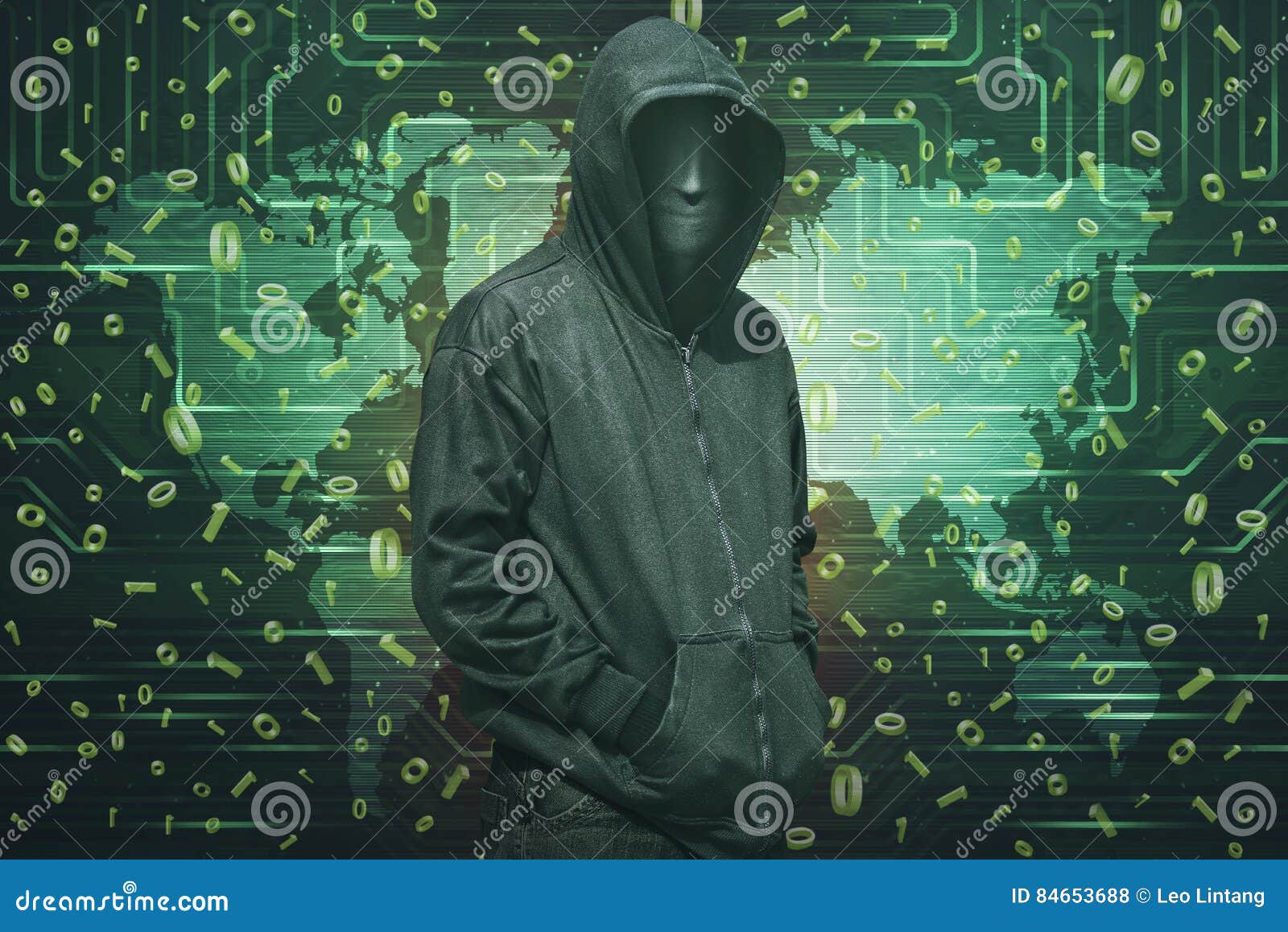 hooded hacker with anonymous mask standing