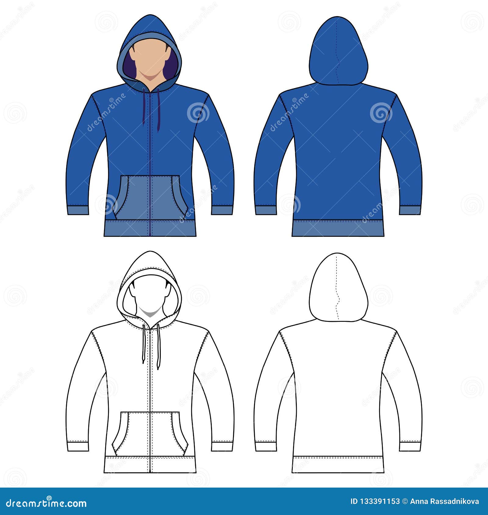 Download Hoodie Zipper Template Front, Back Views Stock Vector ...