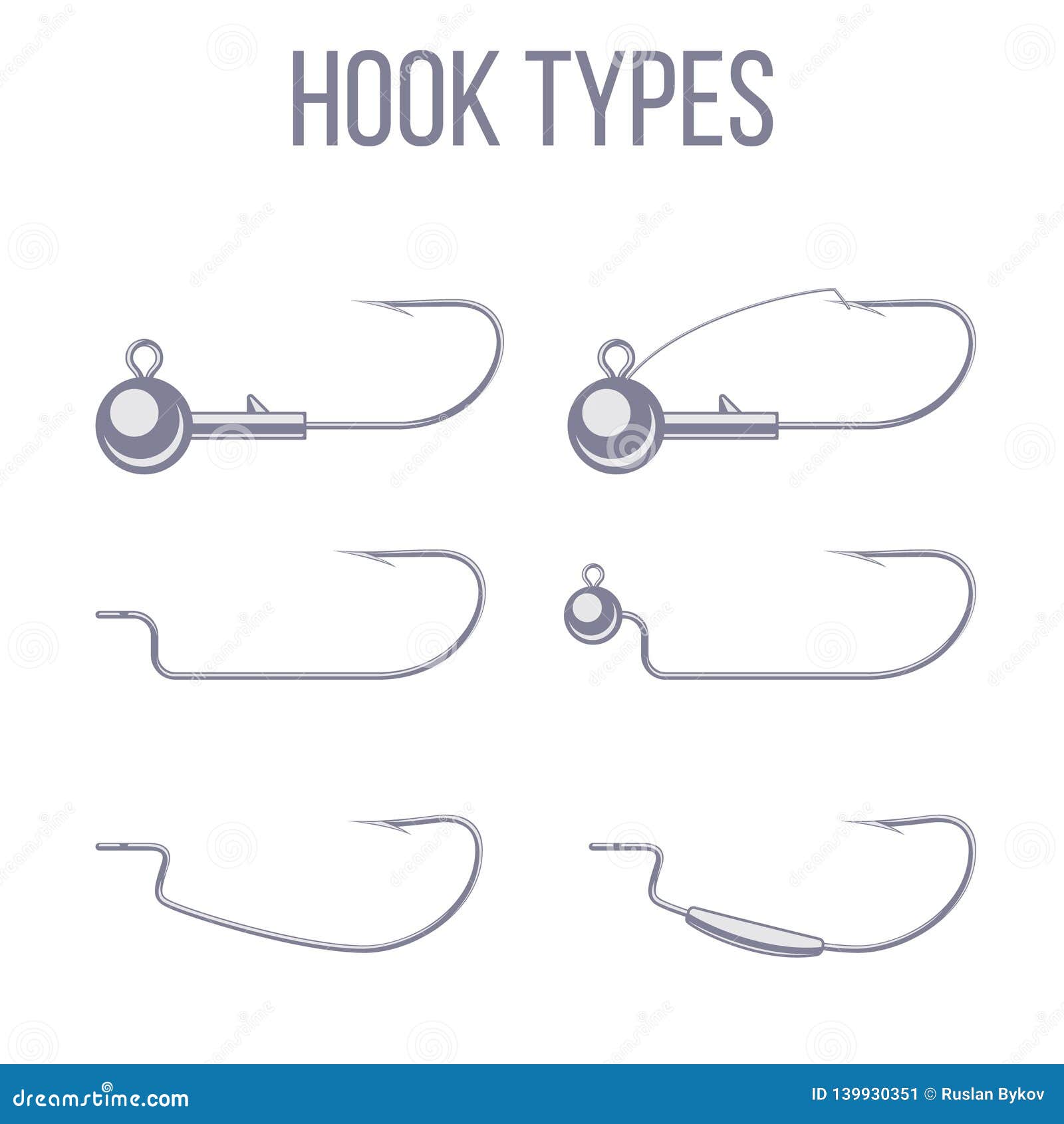 hook and sinker types with offset hooks for catching predatory fish with soft plastic bait and spinning rod.