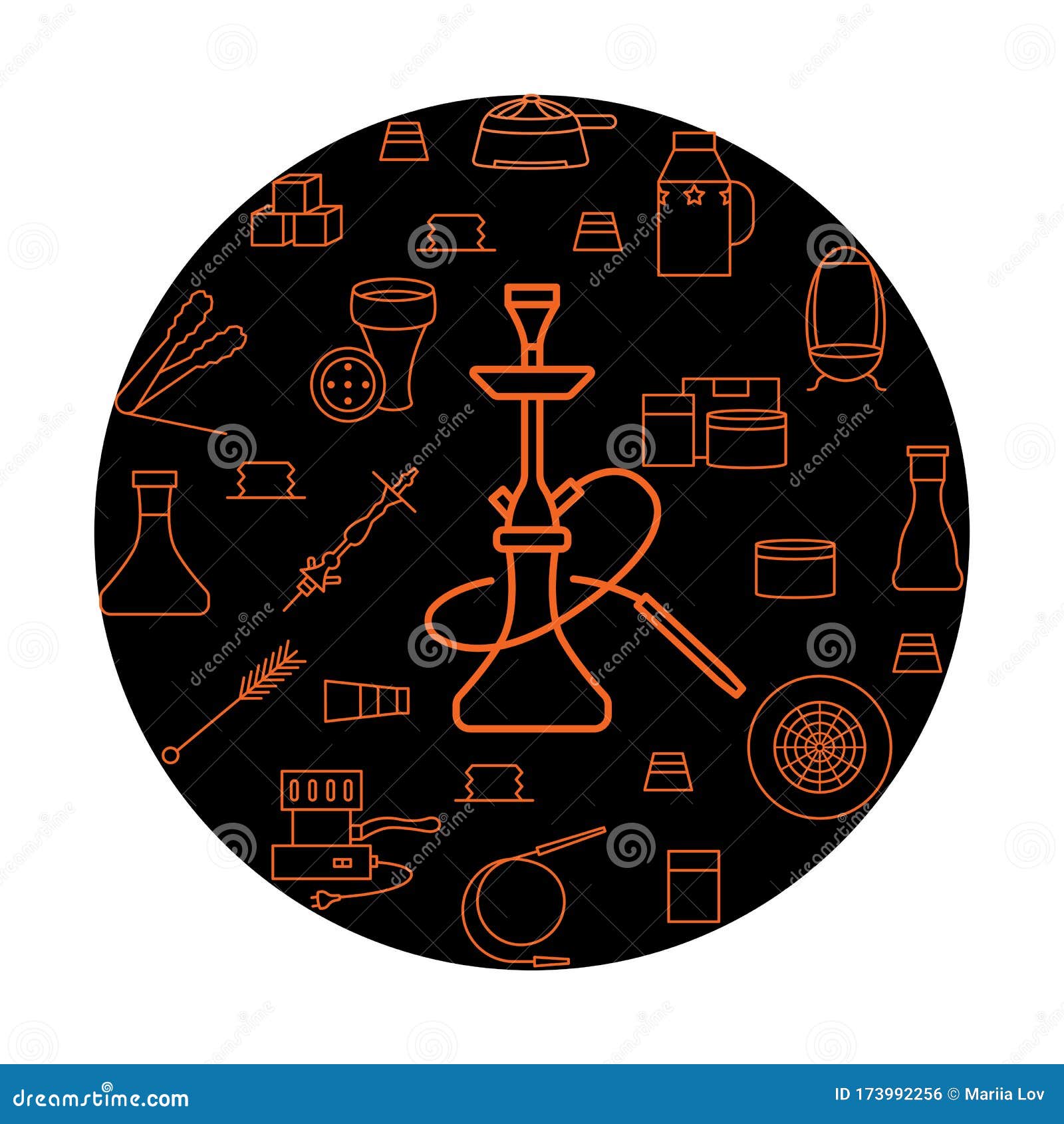 Hookah Accessories Circle Banner with Flat Line Icon. Shisha Symbol