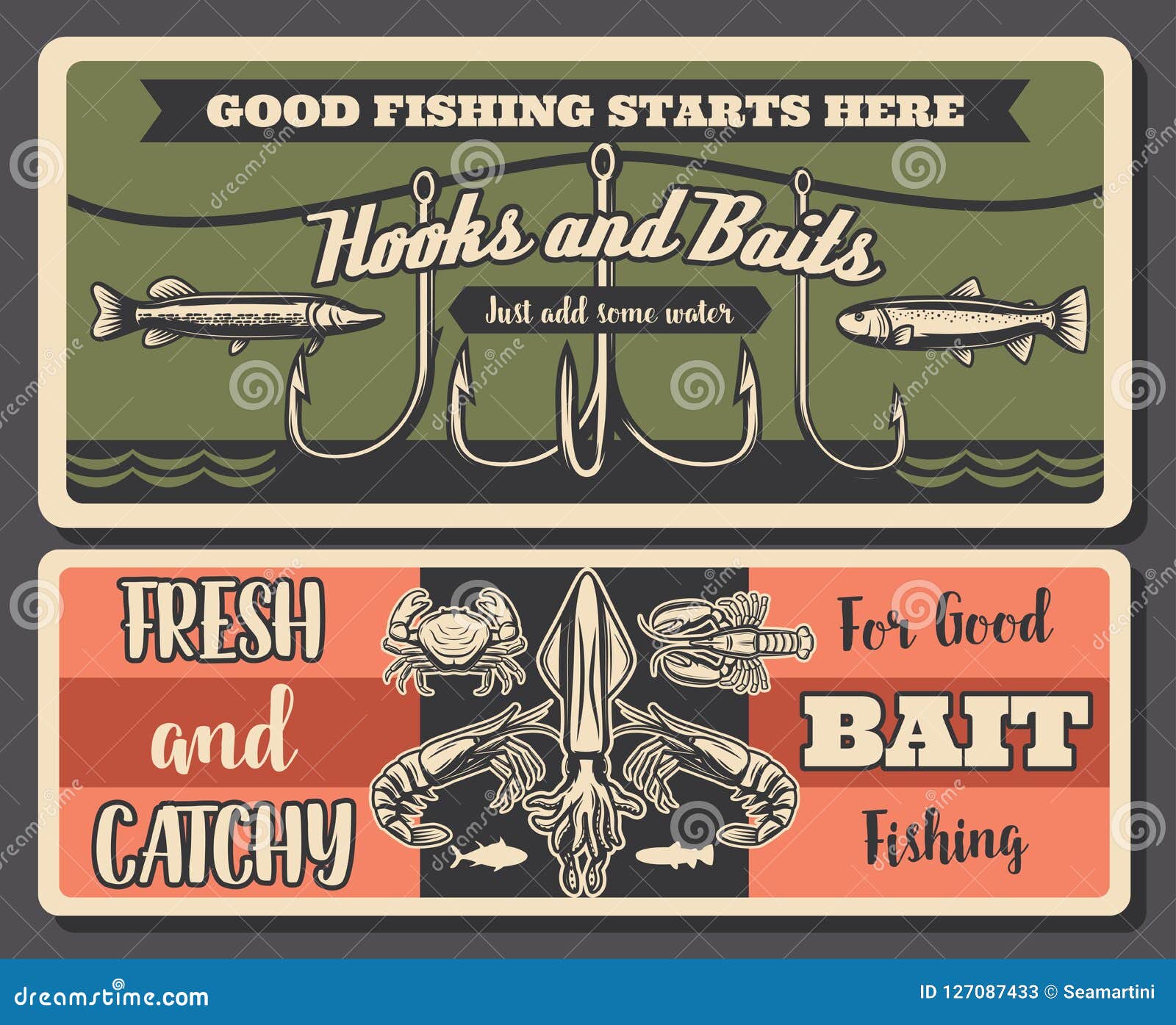 Fishery Retro, Fishing Tools and Seafood Stock Vector - Illustration of  banner, retro: 127087433