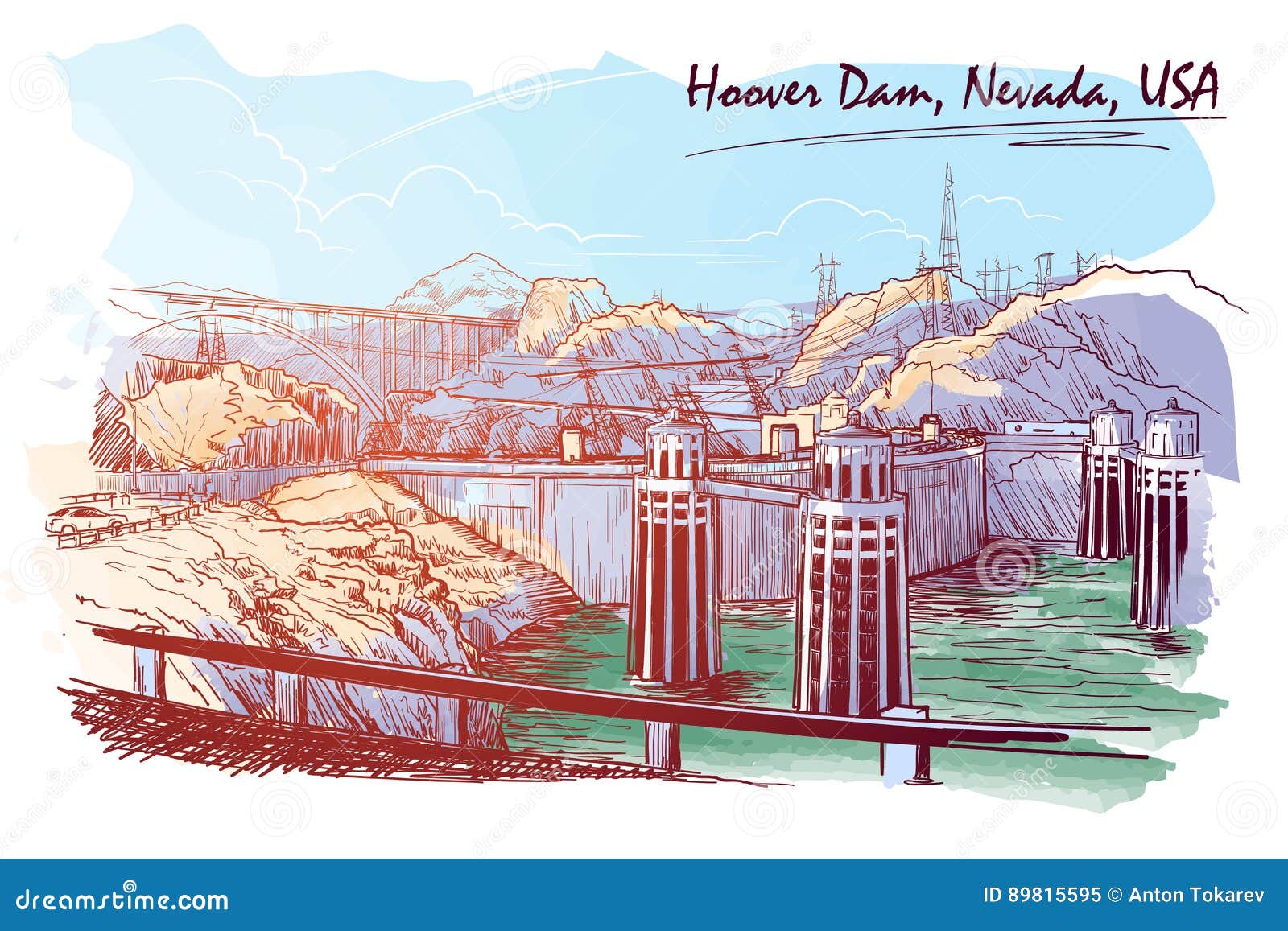 hoover dam stunning panoramic view sketch drawn and painted digitally to give watercolour painting feel.