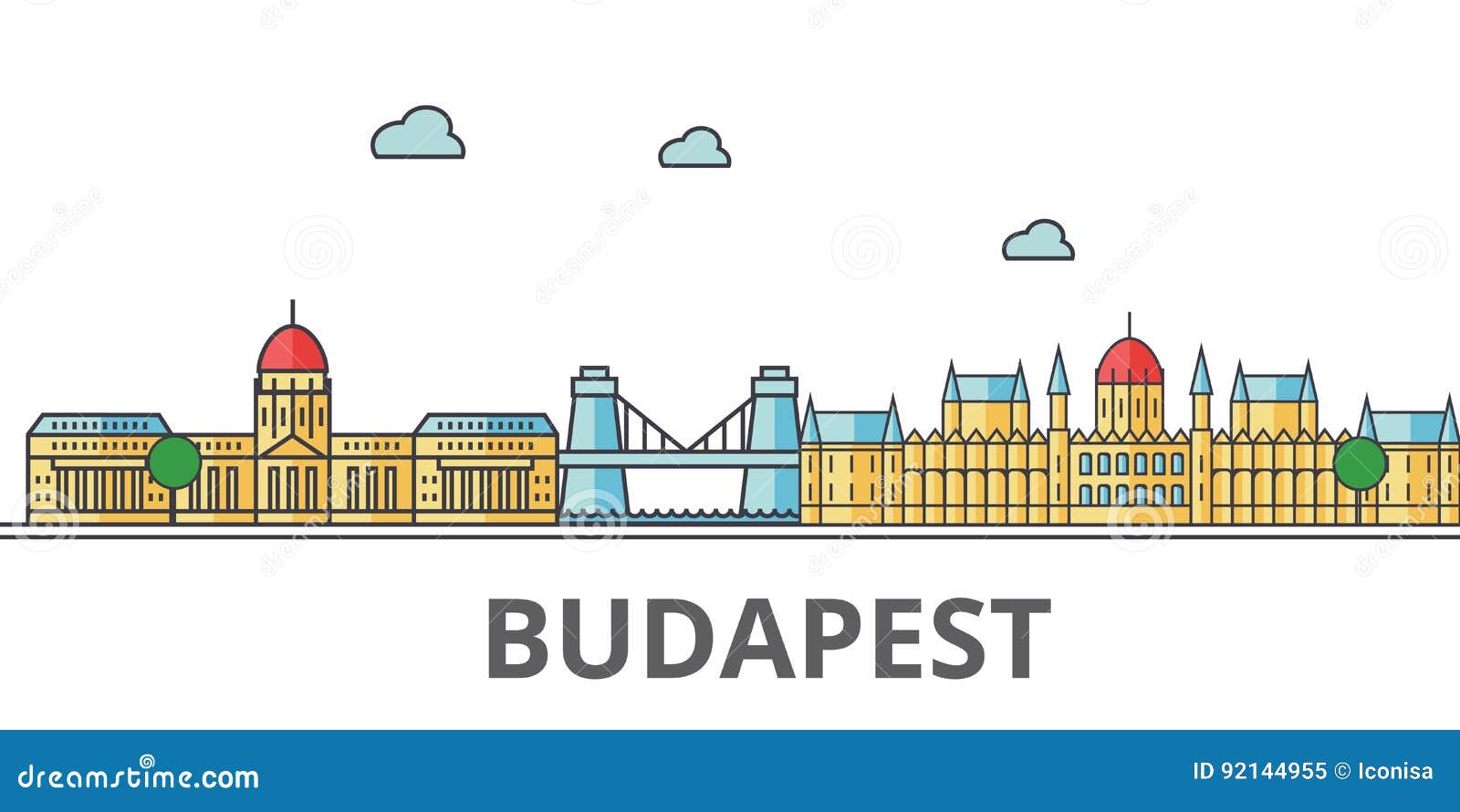 Horizon de ville de Budapest Bâtiments, rues, silhouette, architecture, paysage, panorama, points de repère Courses Editable Ligne plate concept de conception d'illustration de vecteur Icônes sur le fond blanc