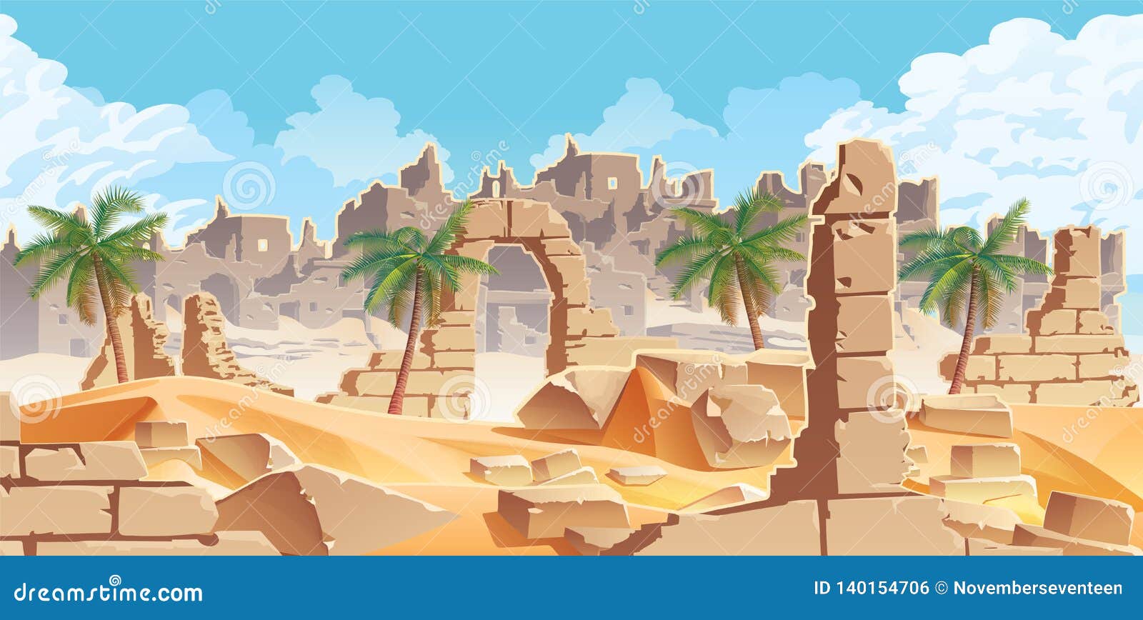 horizontal background with desert and palms. city ruins on the horizon
