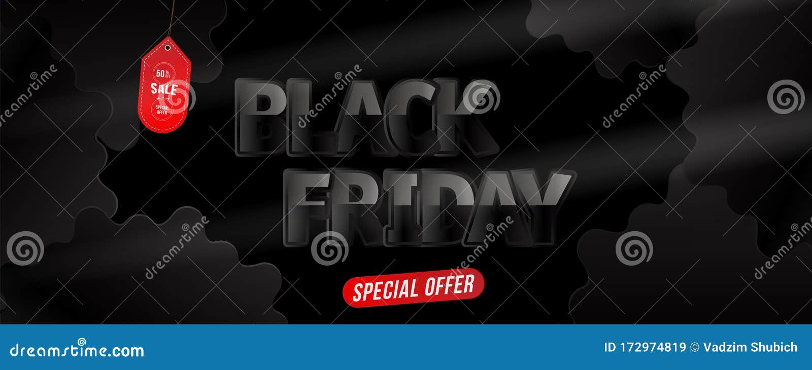 horizontal banner black friday 50 offer.  template card with red label on black background. flat   eps 10