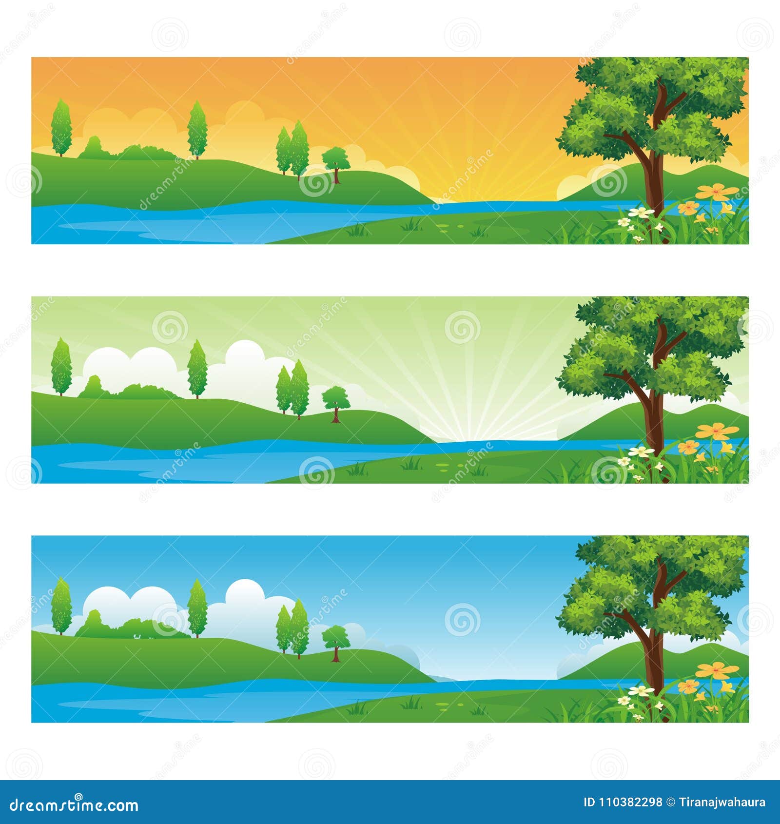 Horizontal banner with cartoon Nature Landscape Background, suitable for kid background, game background, Book Cover, Flyer, and other with beautiful scenery landscape, flower, green grass, trees, lake, sea, cloud and blue sky.