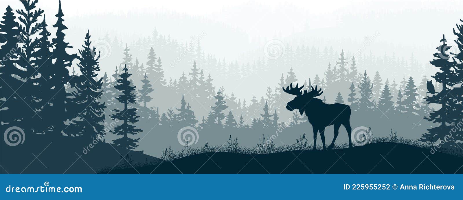 horizontal banner. silhouette of moose standing on meadow in forrest. silhouette of animal, trees, grass.