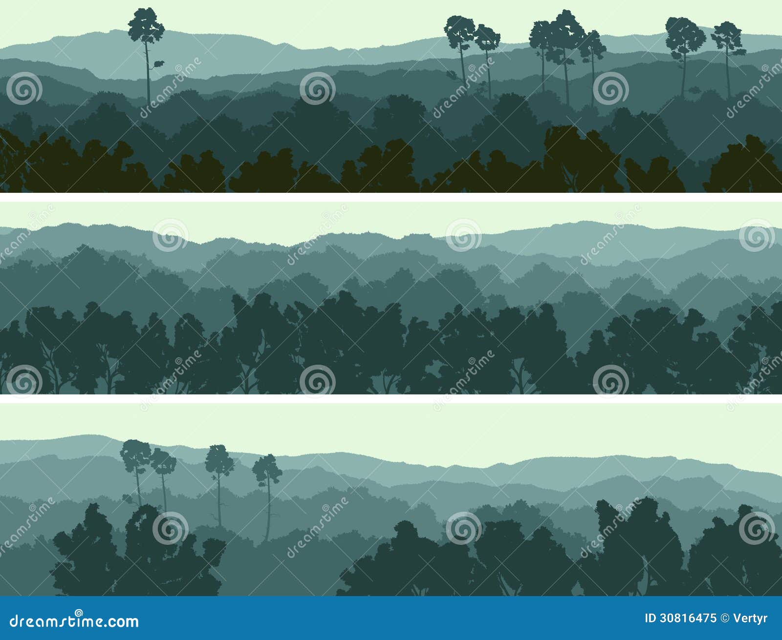 horizontal banners of hills deciduous wood.