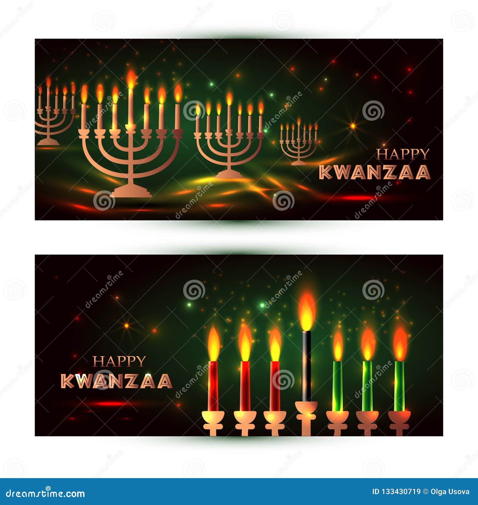 horizontal banners for kwanzaa with traditional colored and candles representing the seven principles or nguzo saba .